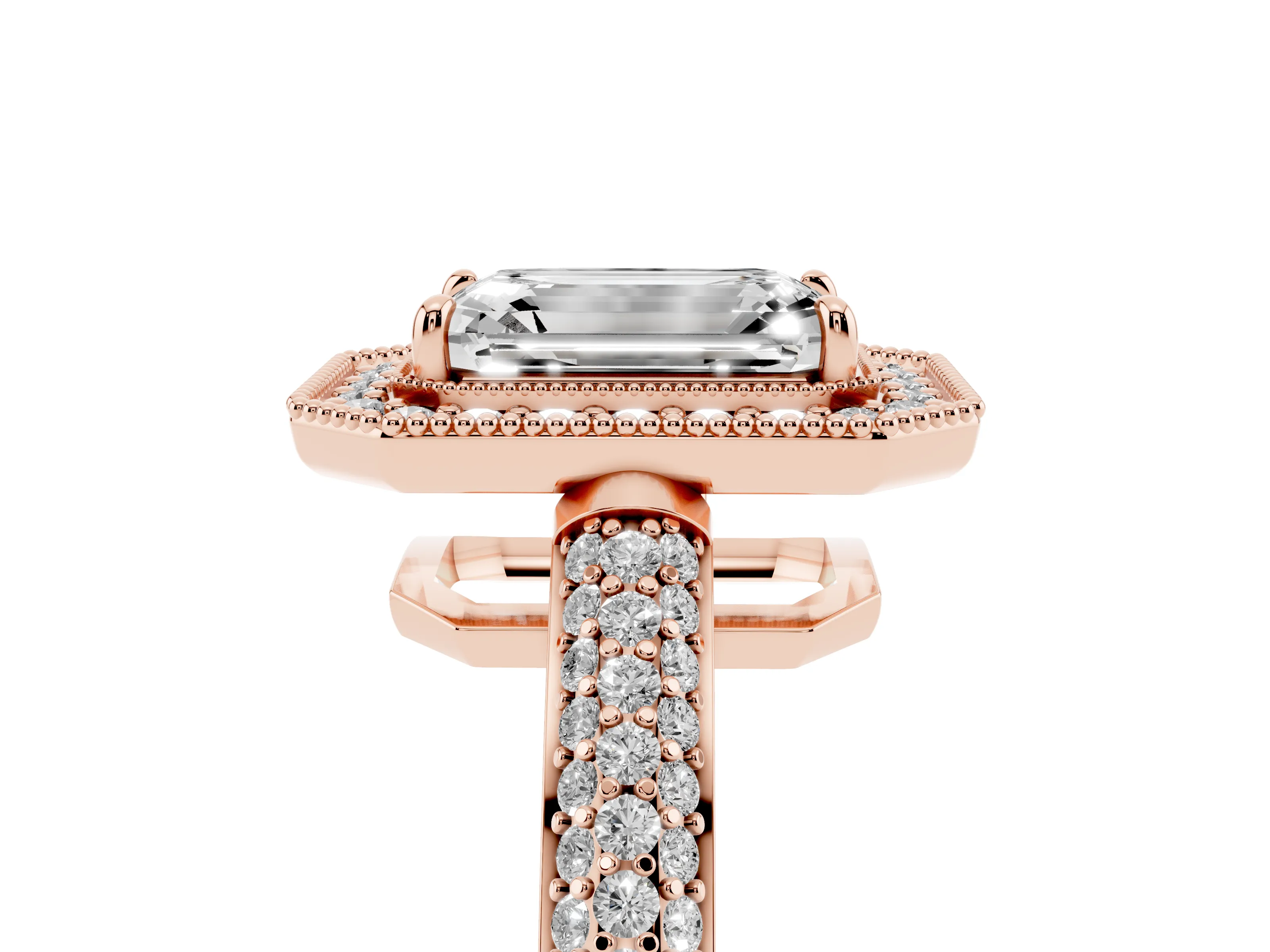 Emerald Cut Diamond Halo Pavé Band Set in Rose gold with Prong Setting