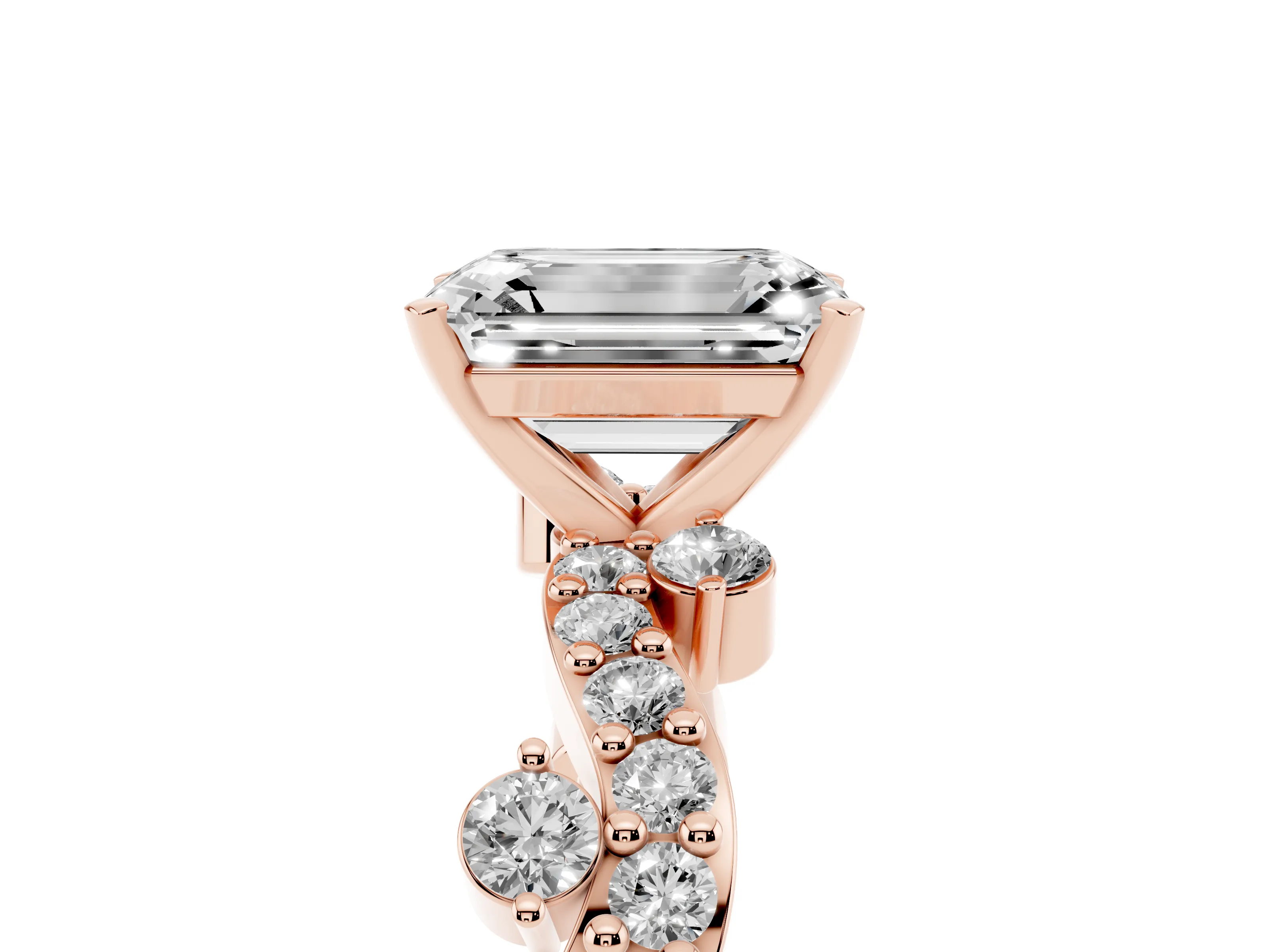 Emerald Cut Diamond Solitaire Twisted Band Set in Rose gold with Pavé Setting