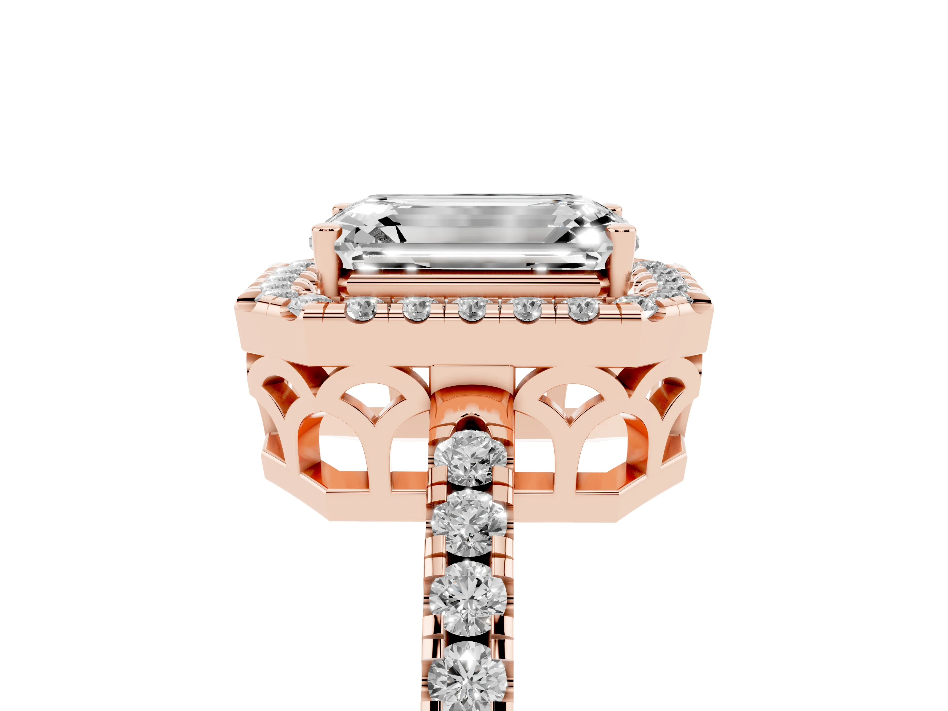 Emerald Cut Diamond Pavé Band Halo Engagement Ring Set in Rose gold with Prong Setting