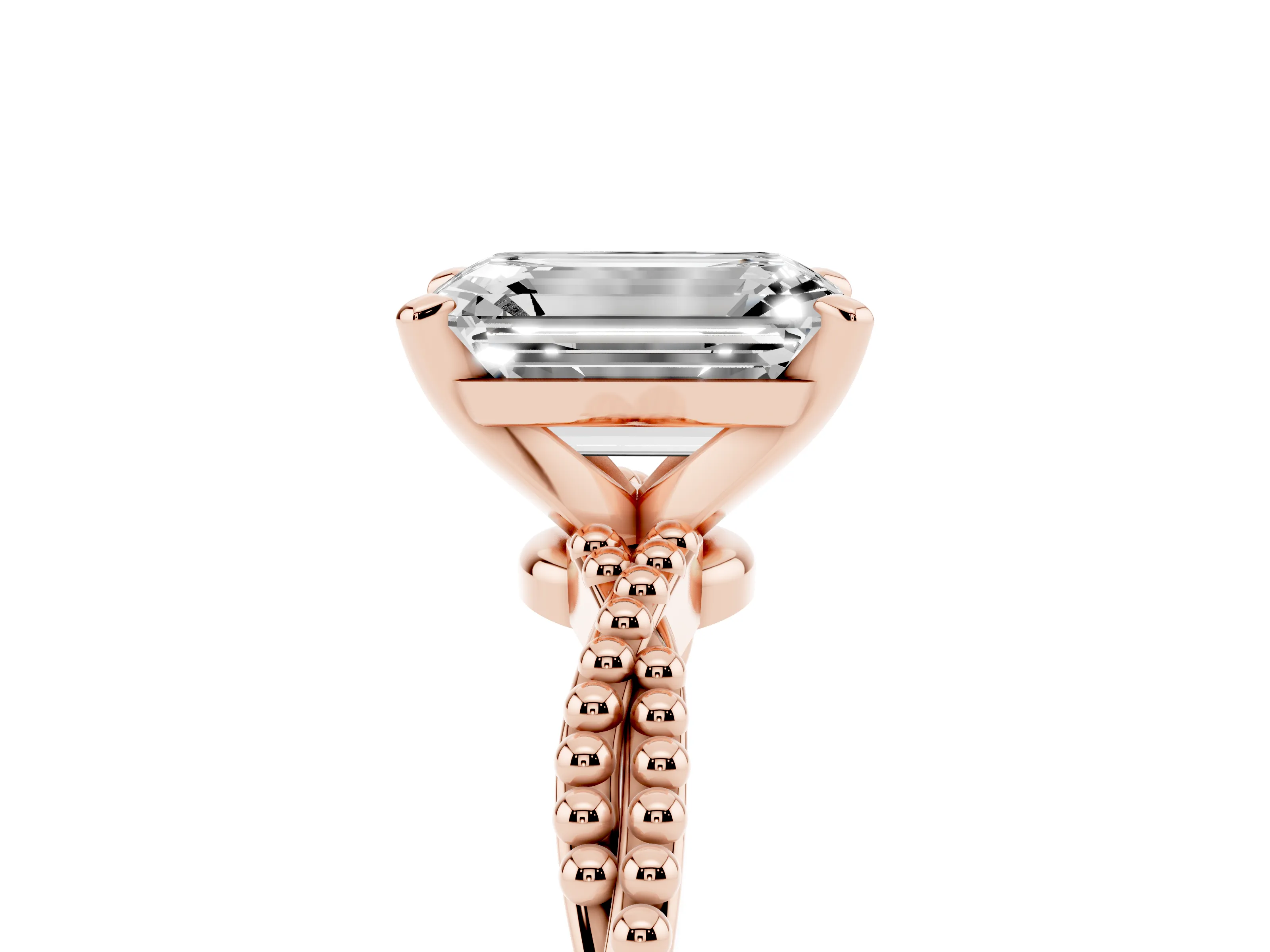 Emerald Cut Diamond Solitaire Ring Set in Rose gold with Twisted Band and Bead Prong Setting