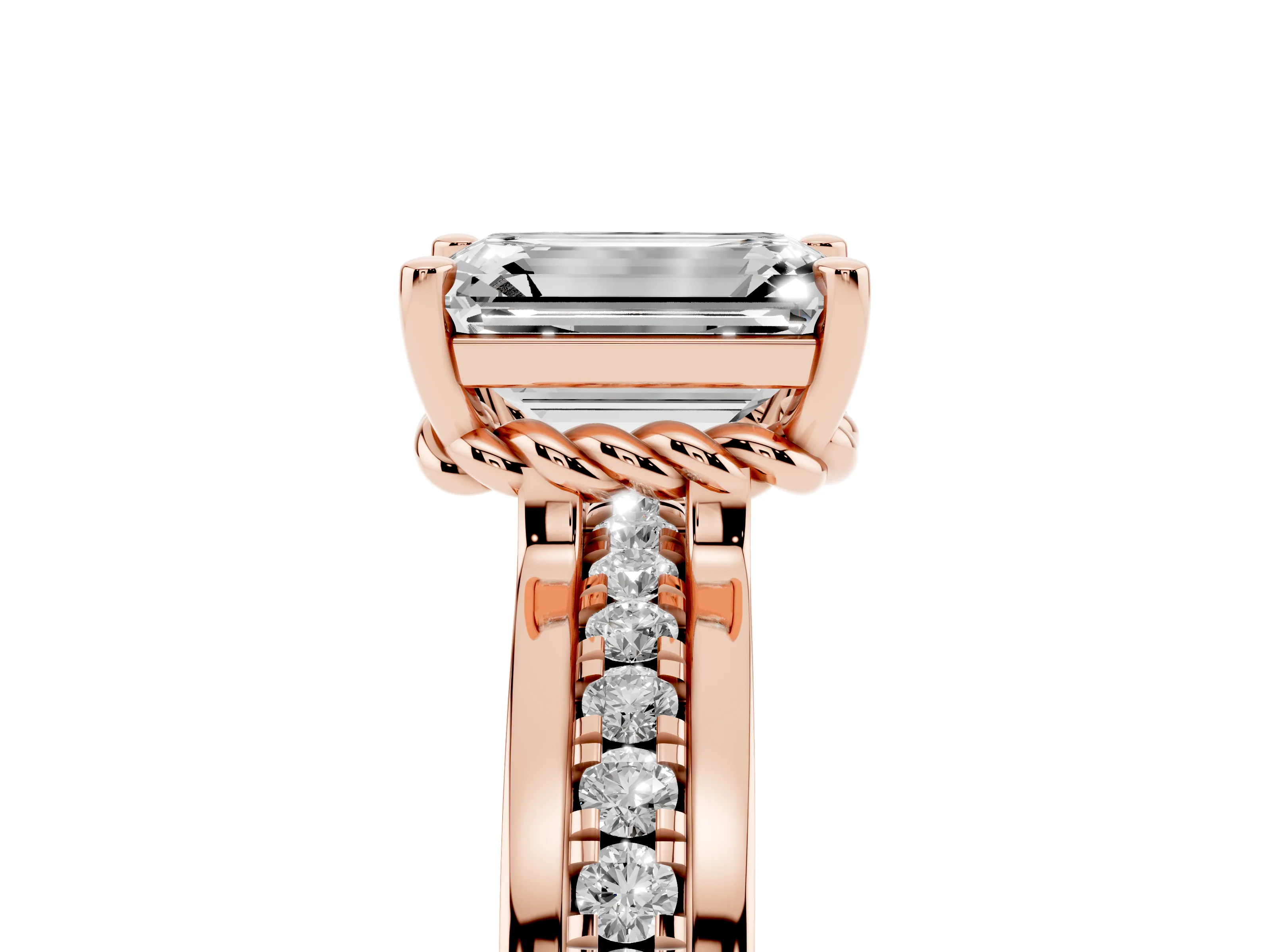 Emerald Cut Diamond Solitaire Ring Set in Rose gold with Channel Set Band and Prong Setting
