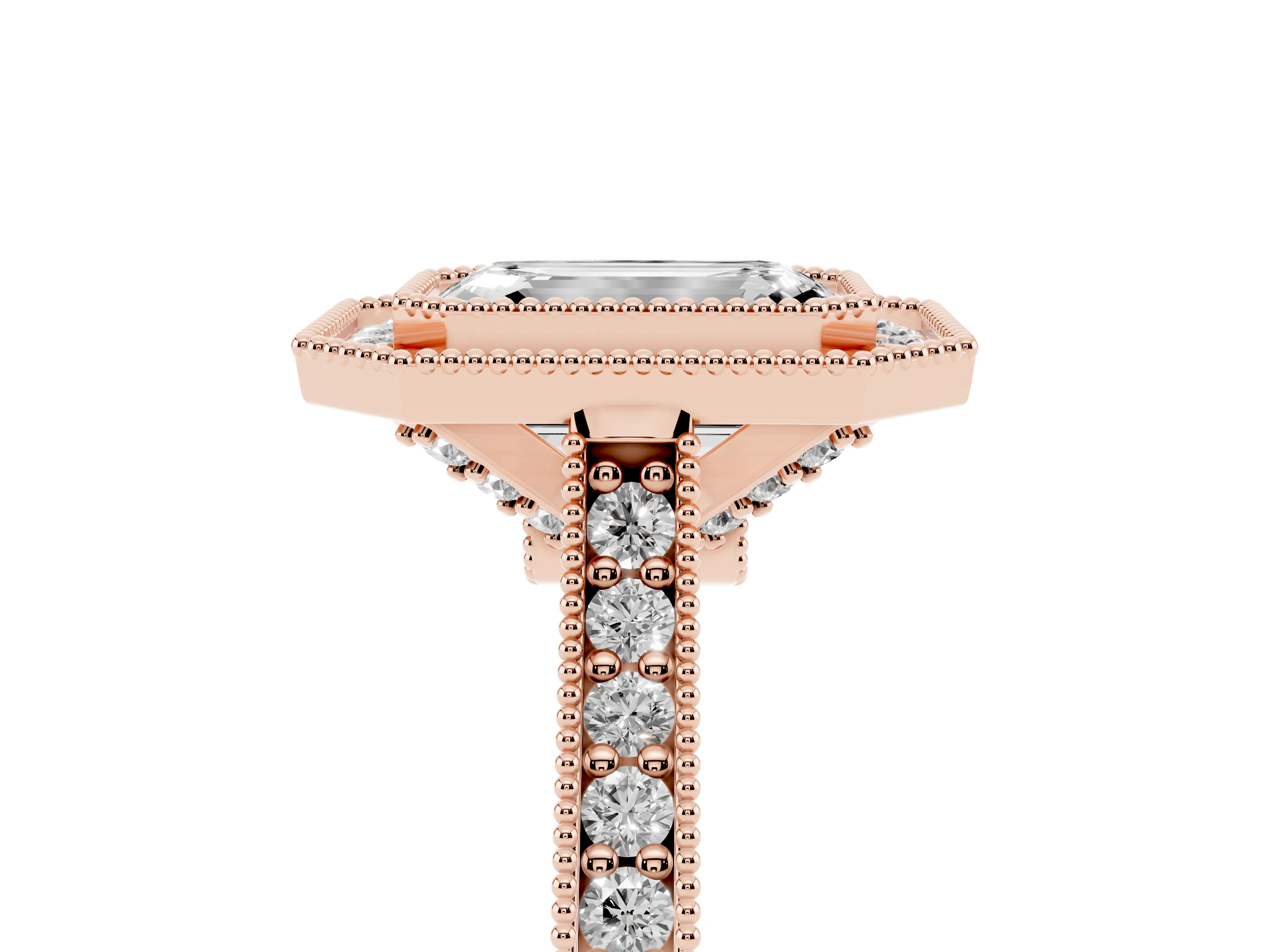 Emerald Cut Diamond Halo Milgrain Pavé Band Ring Set in Rose gold with Prong Setting