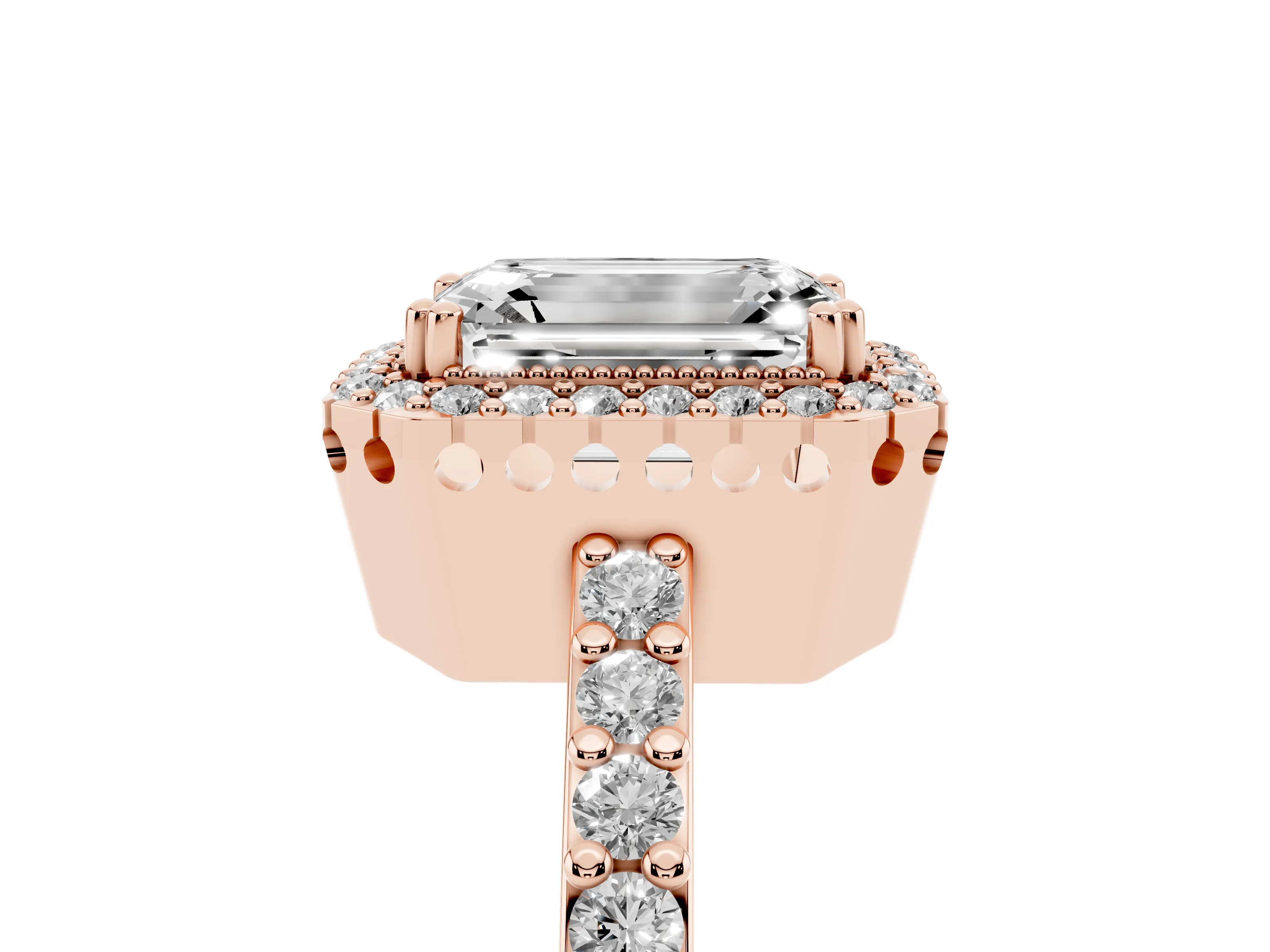 Emerald Cut Diamond Halo Engagement Ring Set in Rose gold with Milgrain Detail and Pavé Band