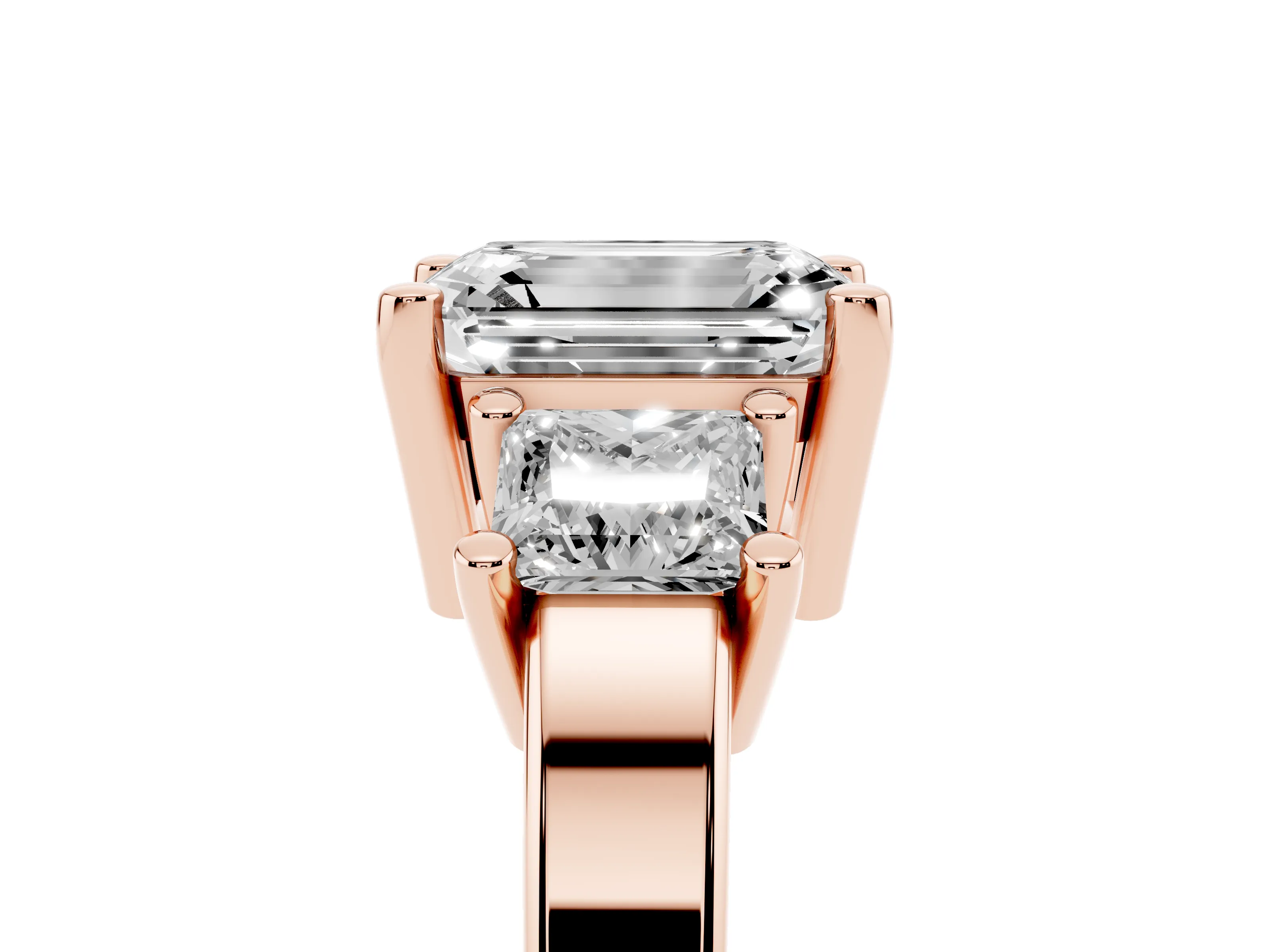 Three-Stone Emerald Cut Diamond Solitaire Ring Set in Rose gold with Prong Setting