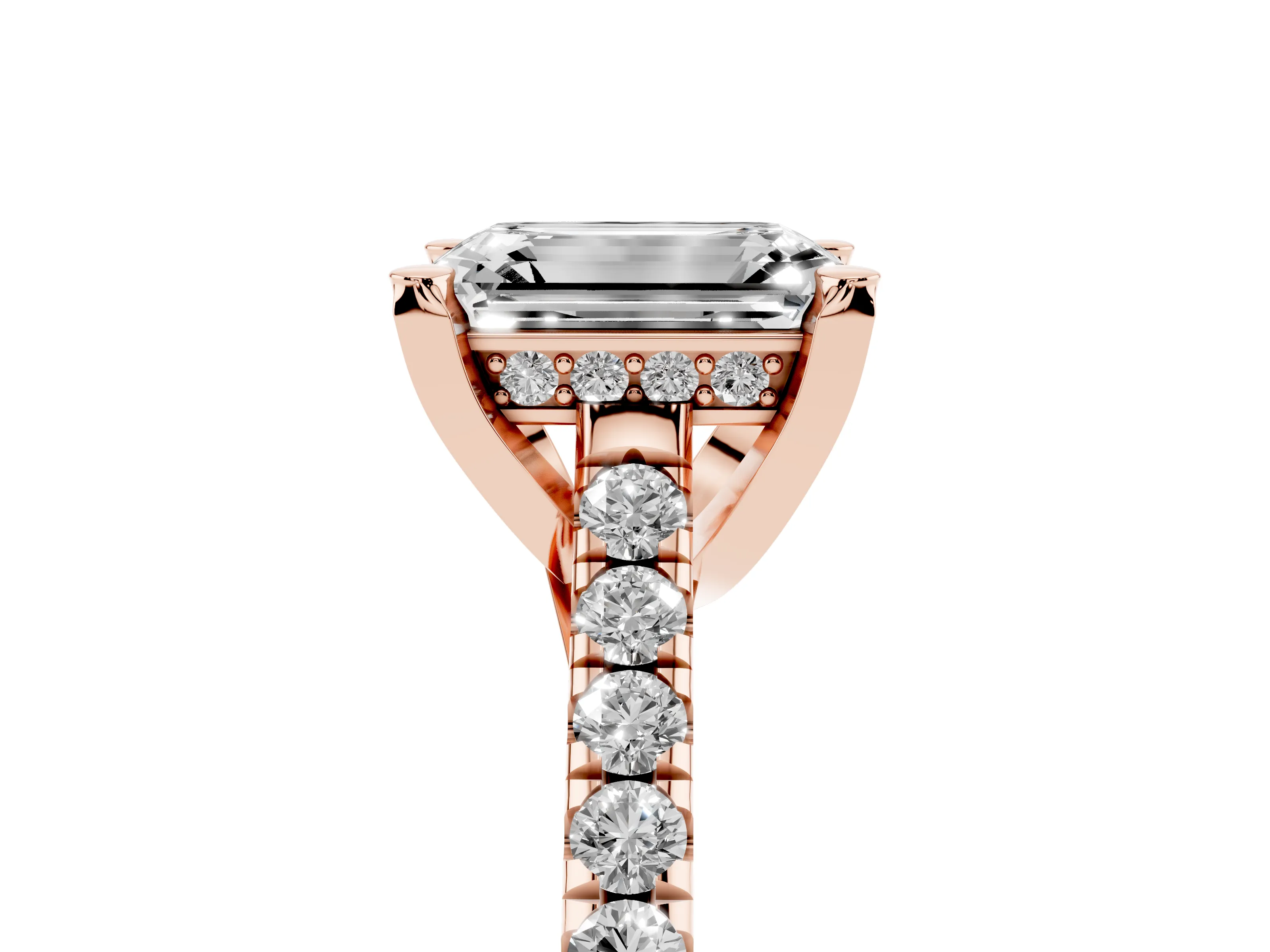 Emerald Cut Diamond Solitaire Ring Set in Rose gold with Brilliant Pavé Band and Prong Setting