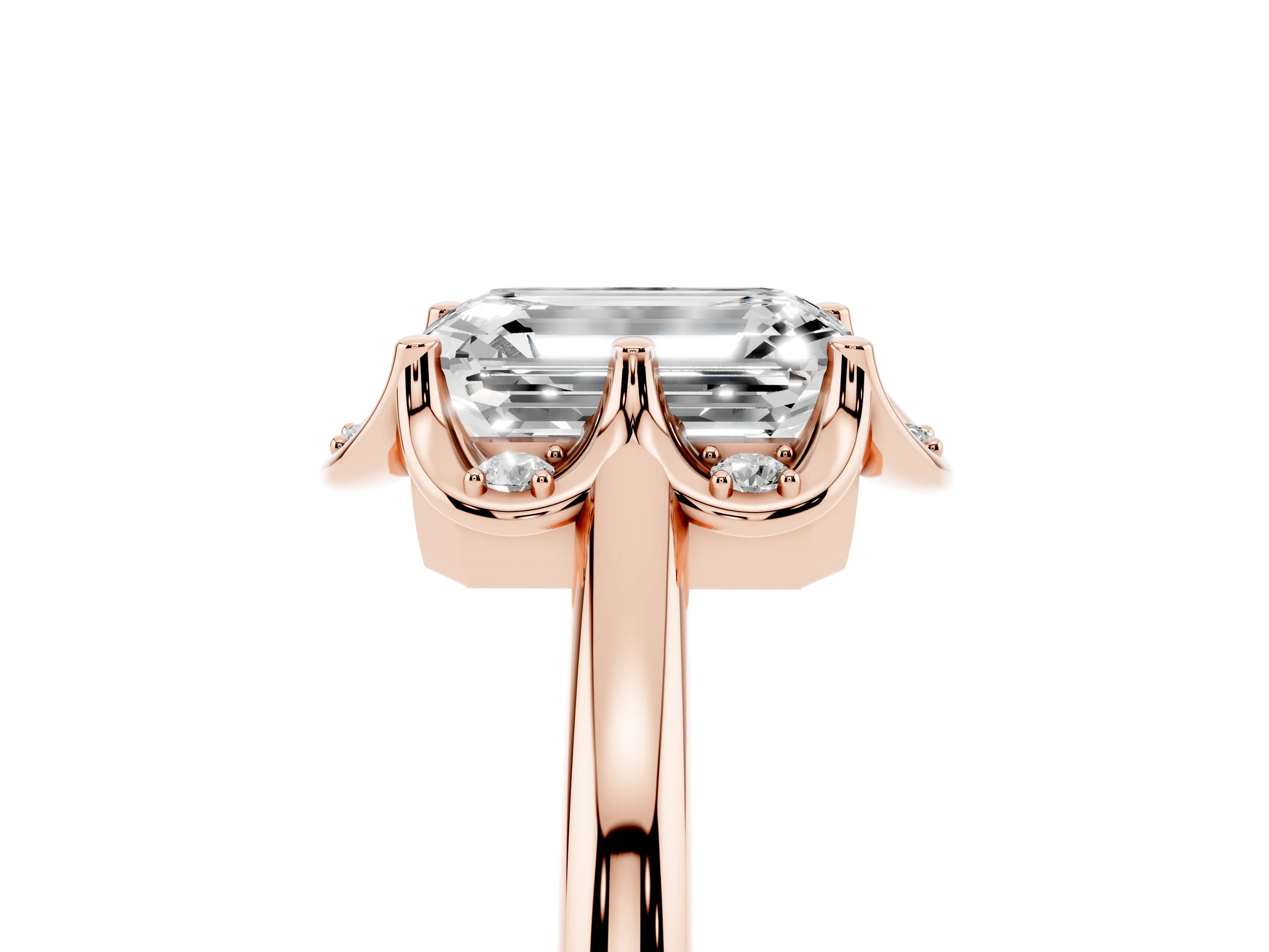 Emerald Cut Diamond Round Cluster Halo Ring Set in Rose gold with Solitaire Band and Prong Setting