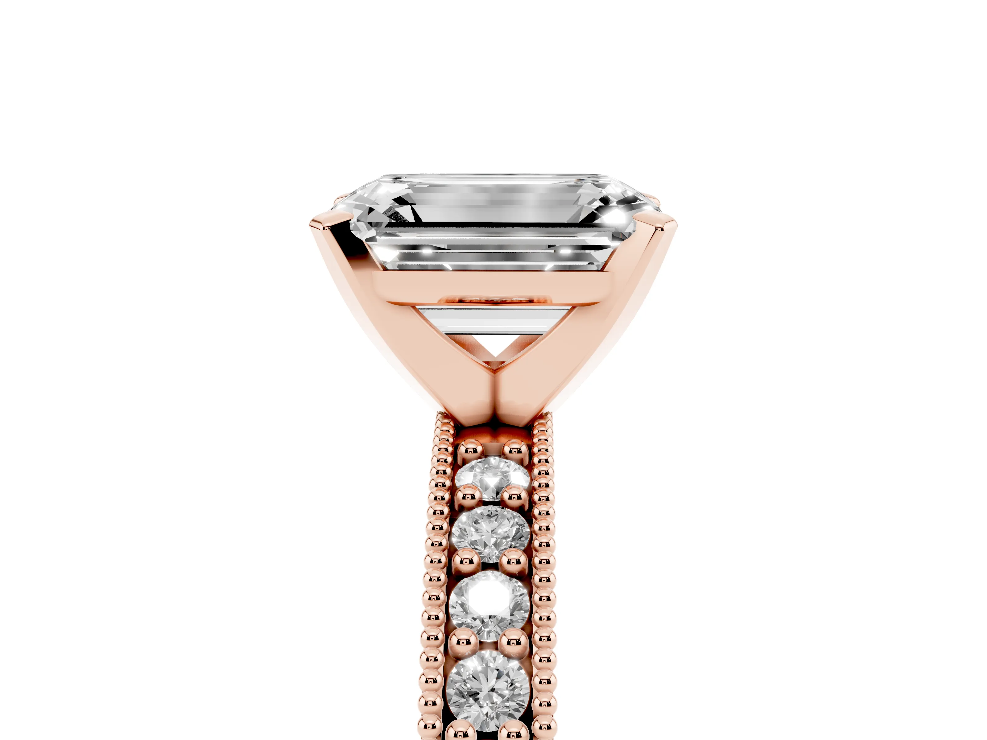 Emerald Cut Diamond Milgrain Pavé Engagement Ring Set in Rose gold with Prong Setting