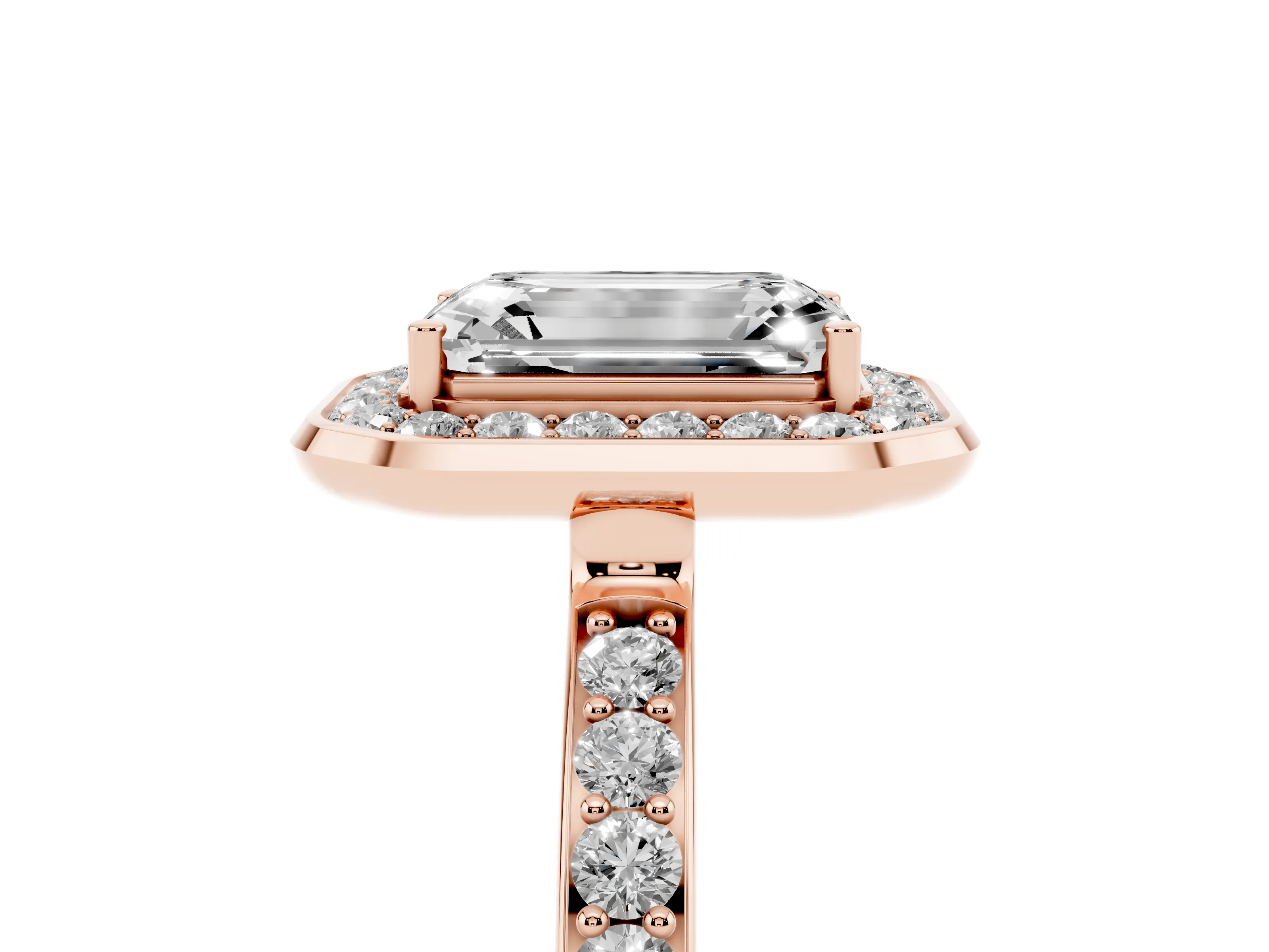 Emerald Cut Diamond Halo Ring Set in Rose gold with Bezel Frame and Pavé Band