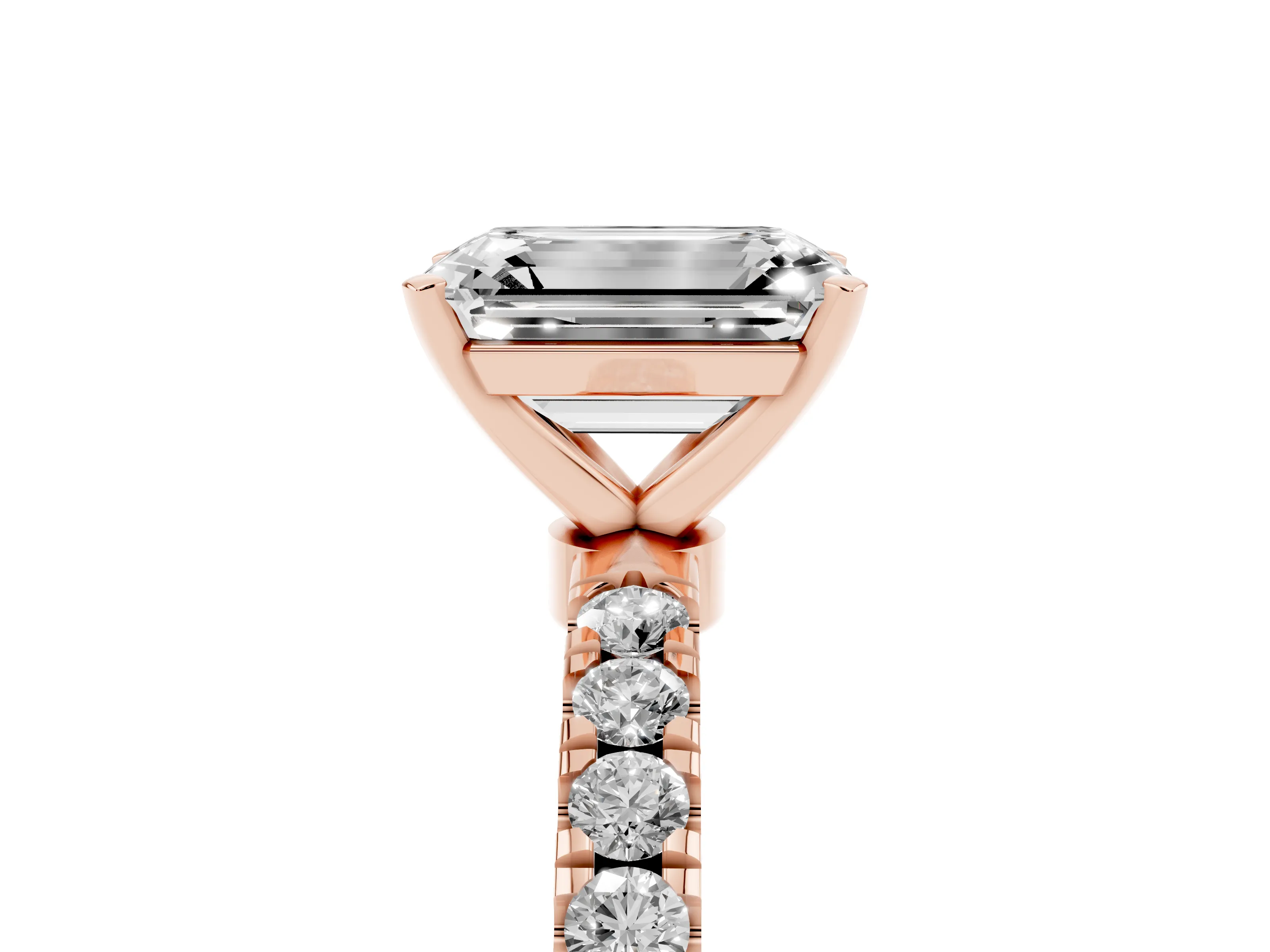 Emerald Cut Diamond Solitaire Ring Set in Rose gold with Pavé Accents and Prong Setting