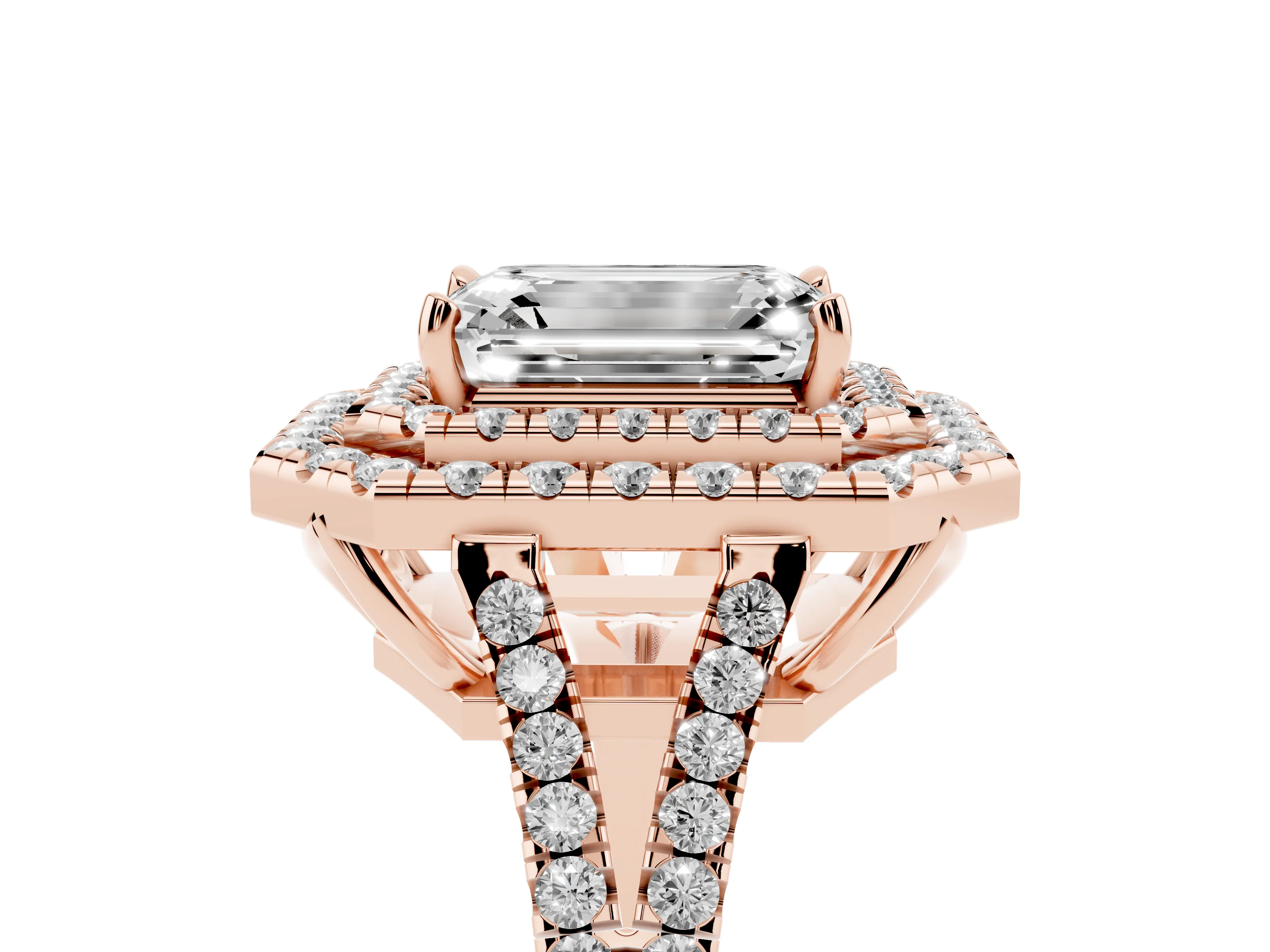 Emerald Cut Diamond Double Halo Ring Set in Rose gold with Pavé Band