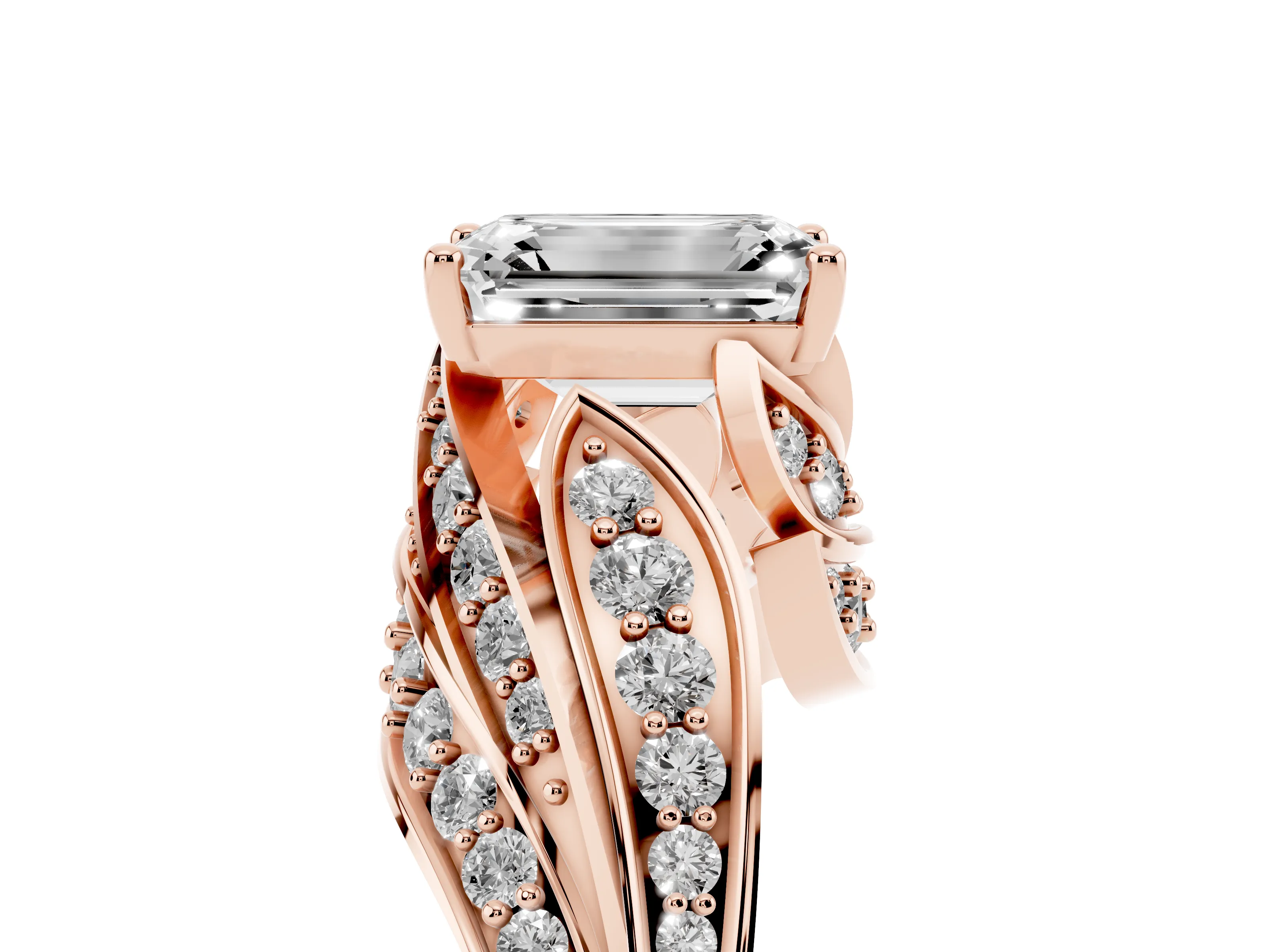 Emerald Cut Diamond Solitaire Ring Set in Rose gold with Layered Twist Pavé Band
