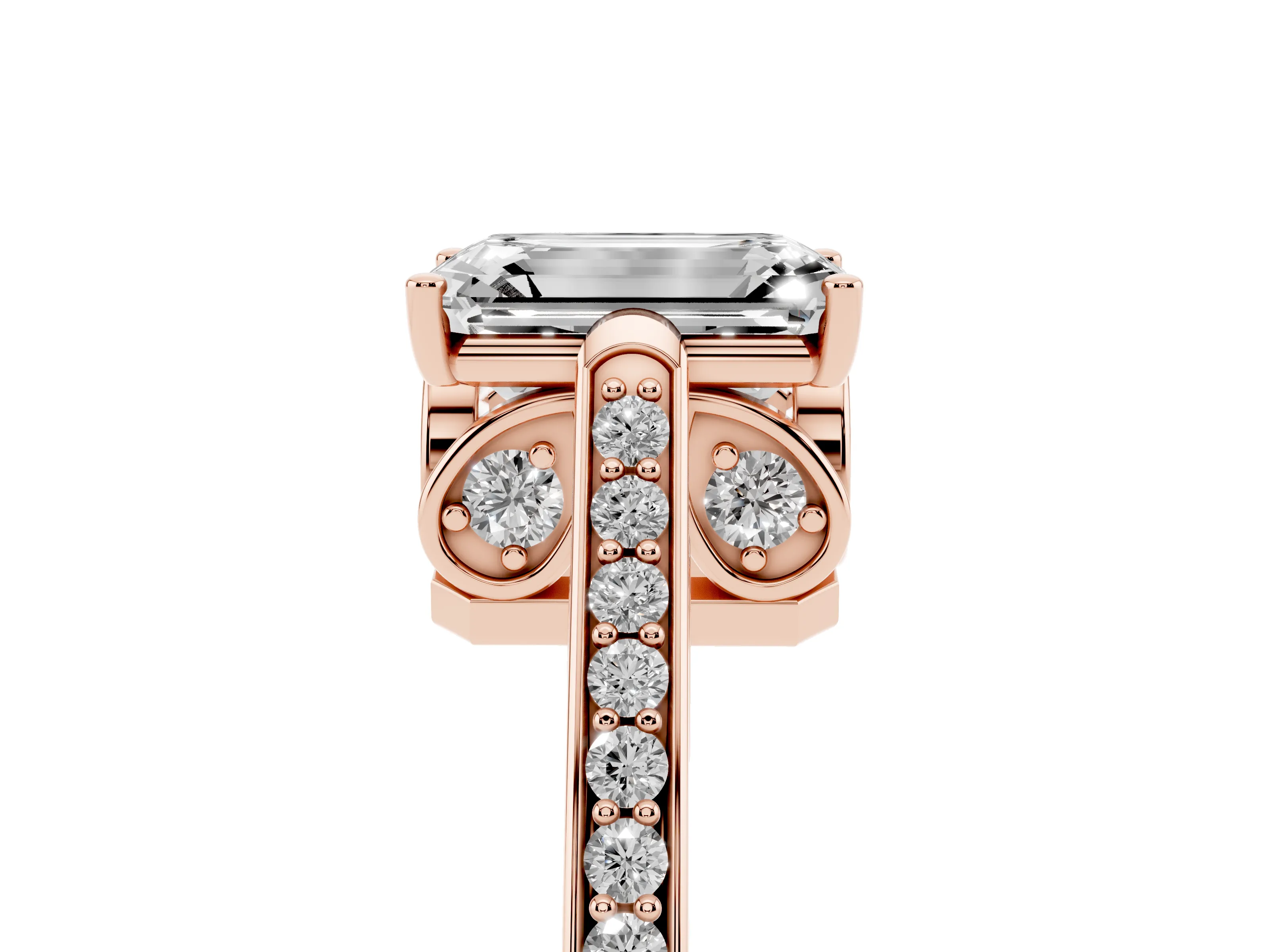 Emerald Cut Diamond Cathedral Pavé Engagement Ring Set in Rose gold with Prong Setting