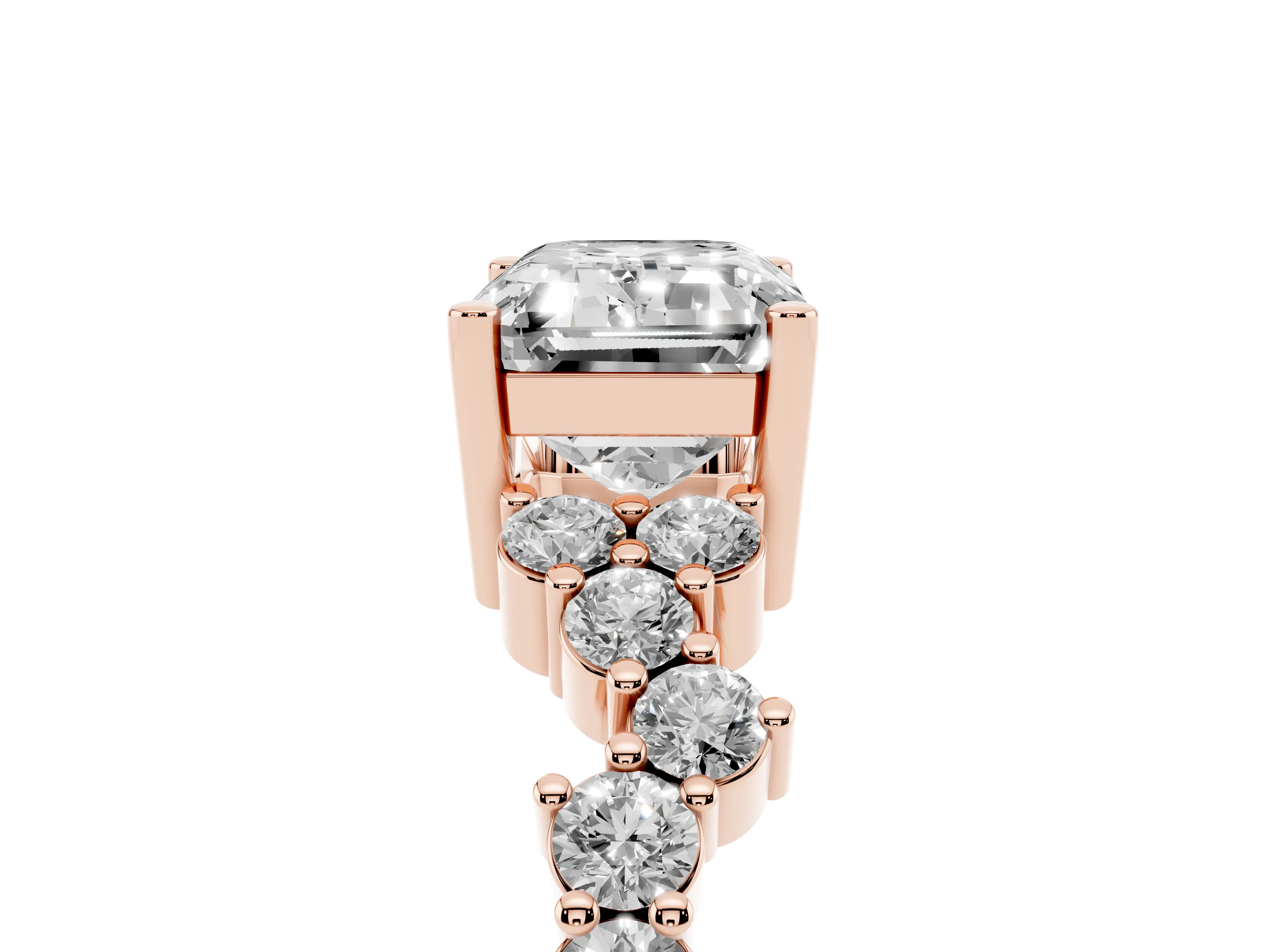 Emerald Cut Diamond Ring Set in Rose gold with Scattered Round Accents