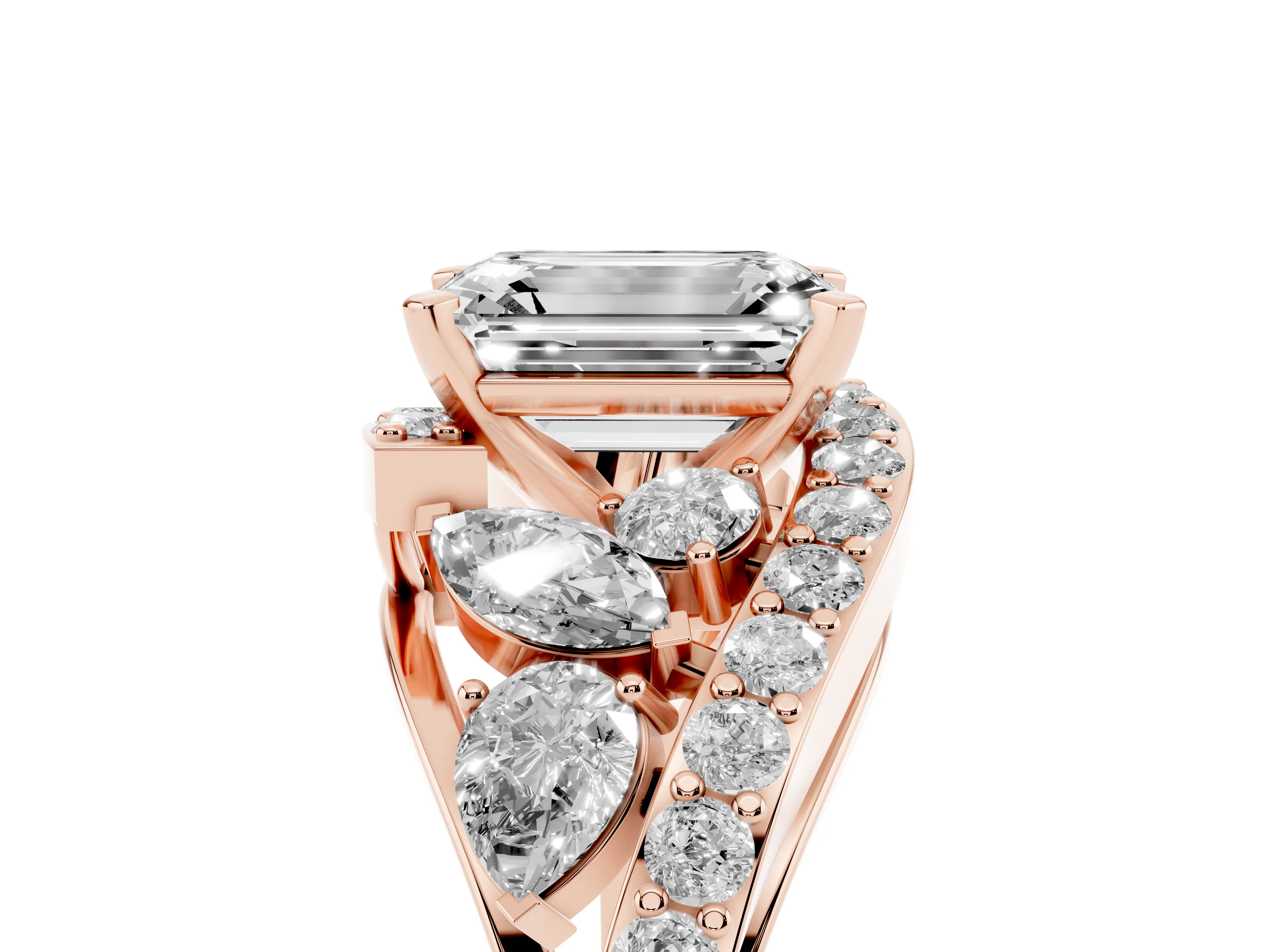 Emerald Cut Diamond Halo Ring Set in Rose gold with Marquise and Pavé Band in Prong Setting