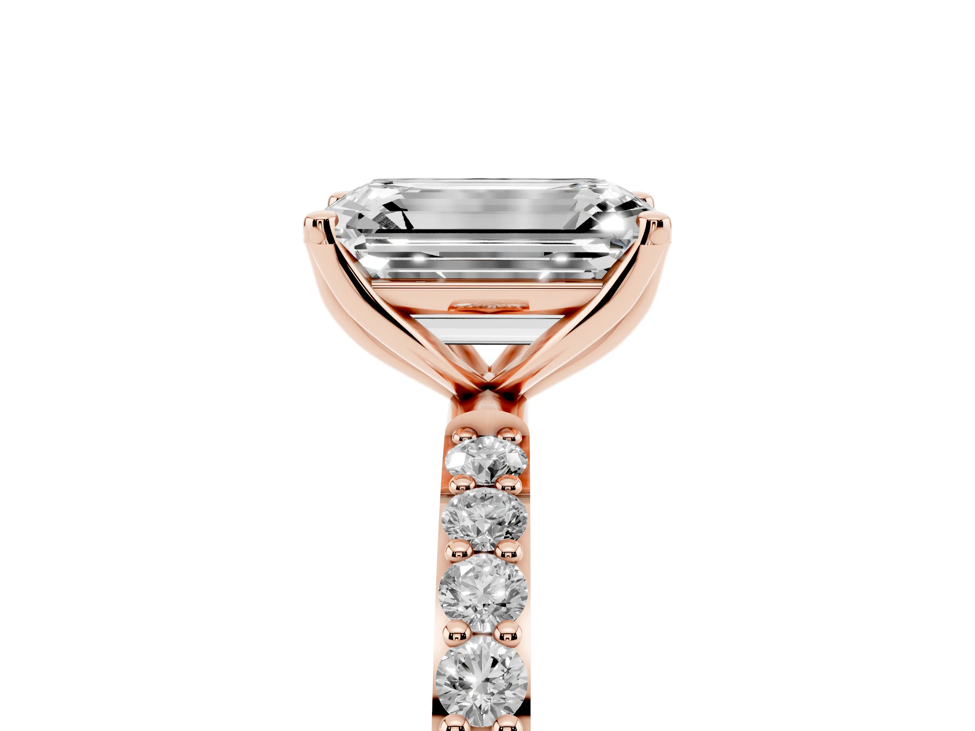 Emerald Cut Diamond Solitaire Engagement Ring Set in Rose gold with Round Pavé Band and Prong Setting