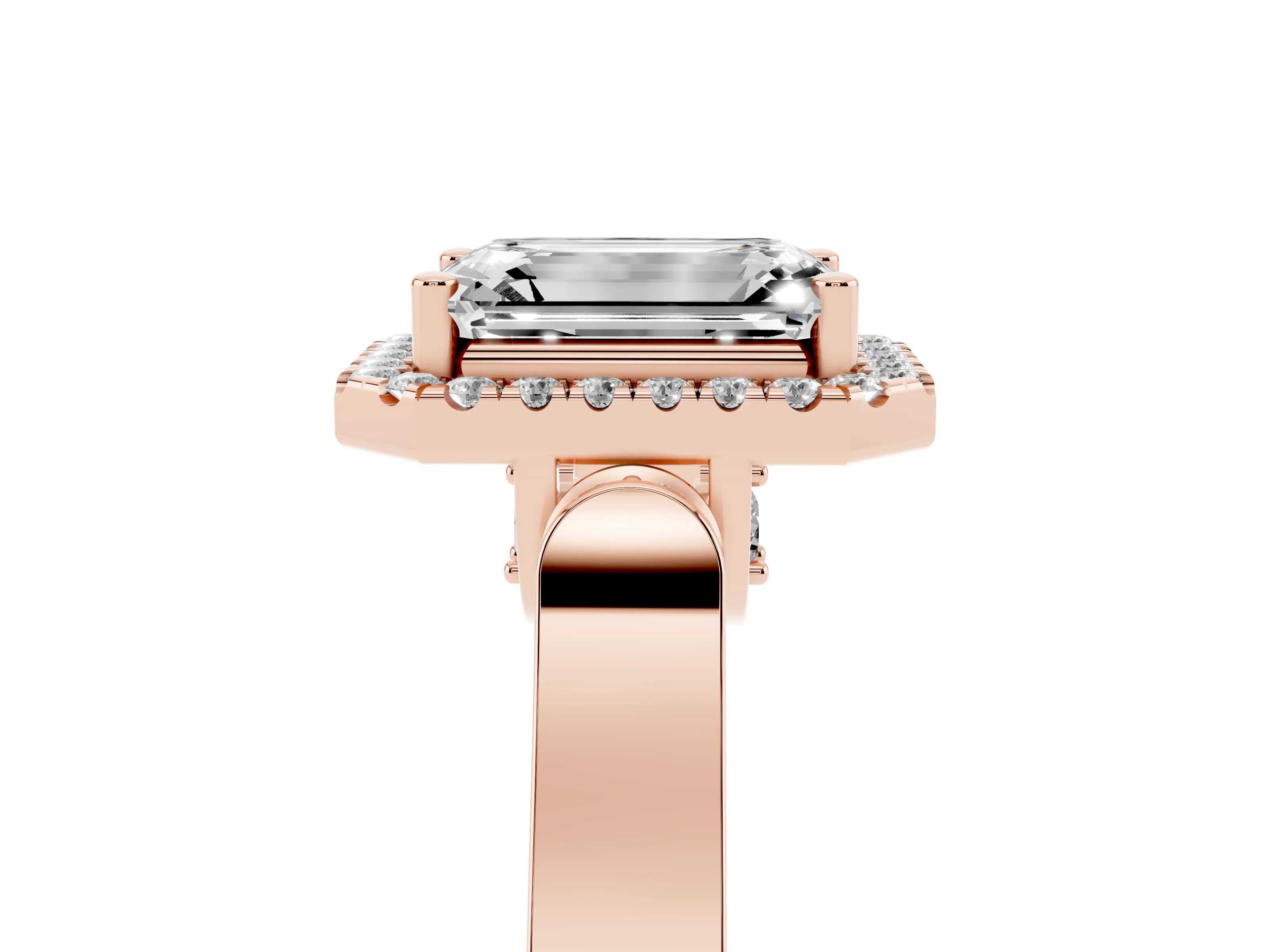 Emerald Cut Diamond Halo Ring Set in Rose gold with Pavé-Lined Split Shank Band