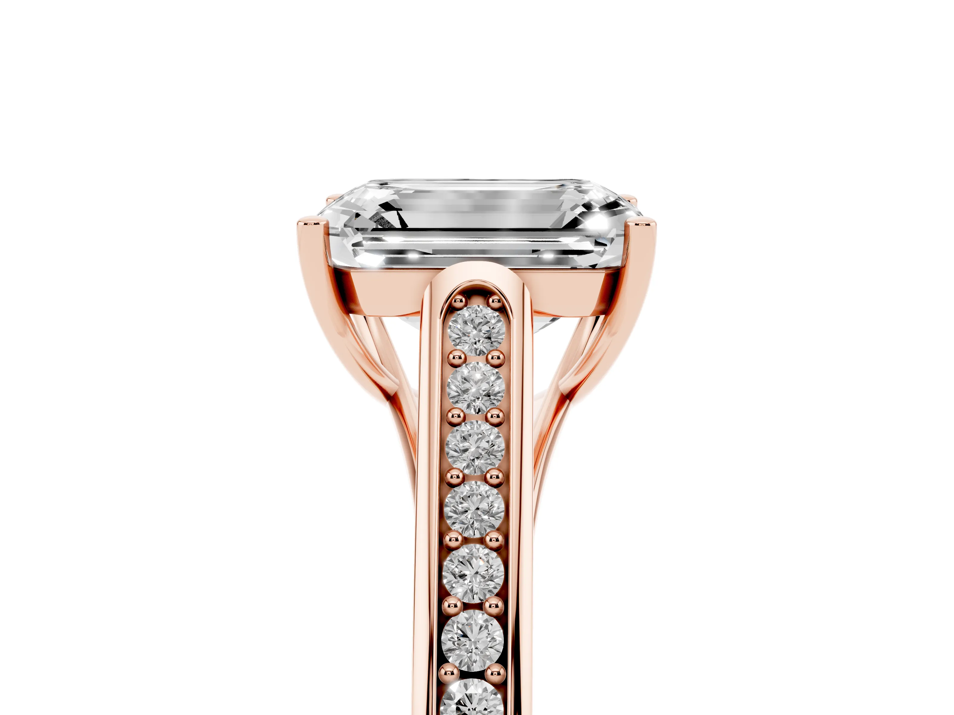Emerald Cut Diamond Solitaire Cathedral Engagement Ring Set in Rose gold with Channel-Set Band and Prong Setting