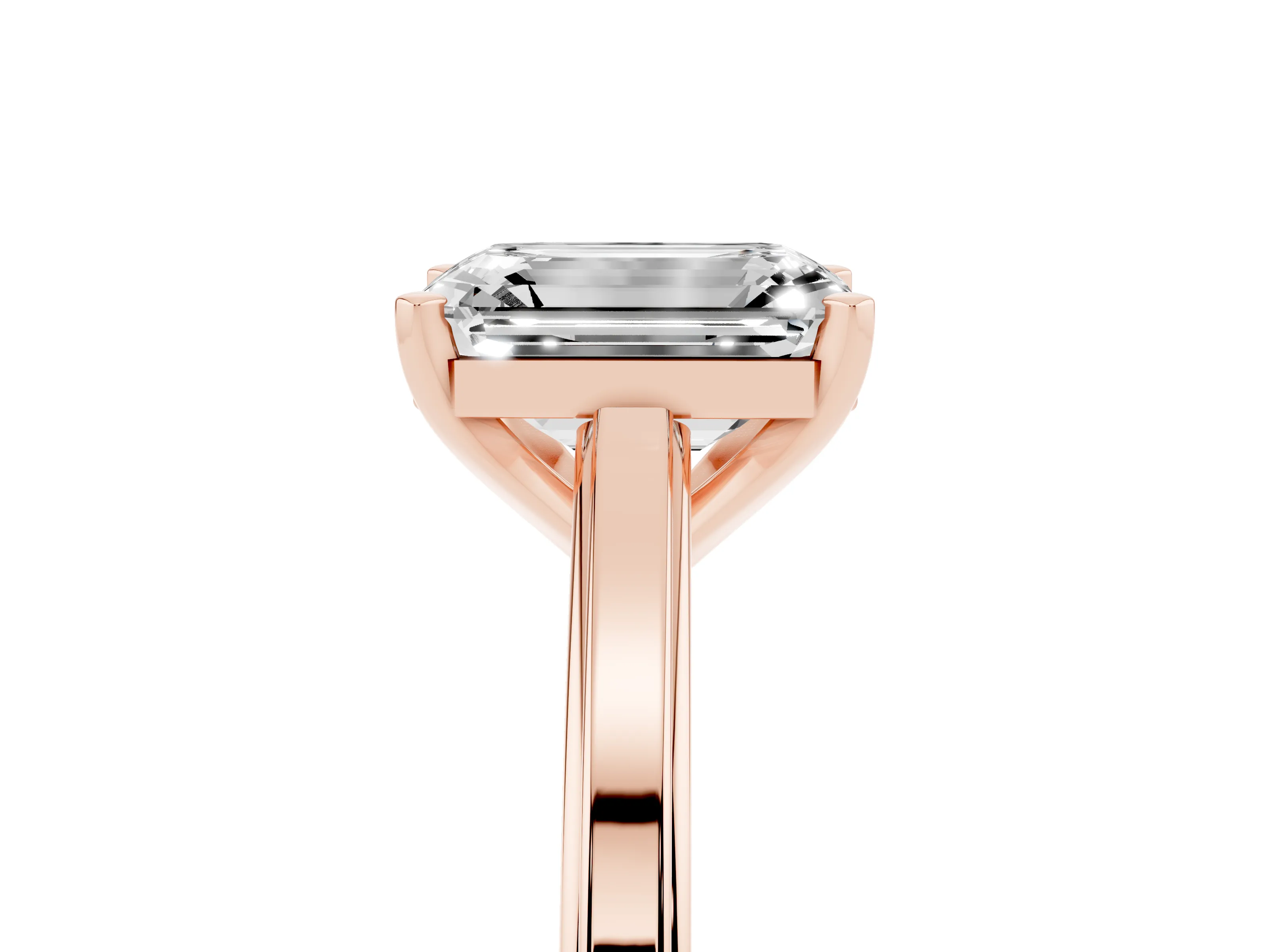 Emerald Cut Diamond Solitaire Ring Set in Rose gold with Prong Setting and Classic Band
