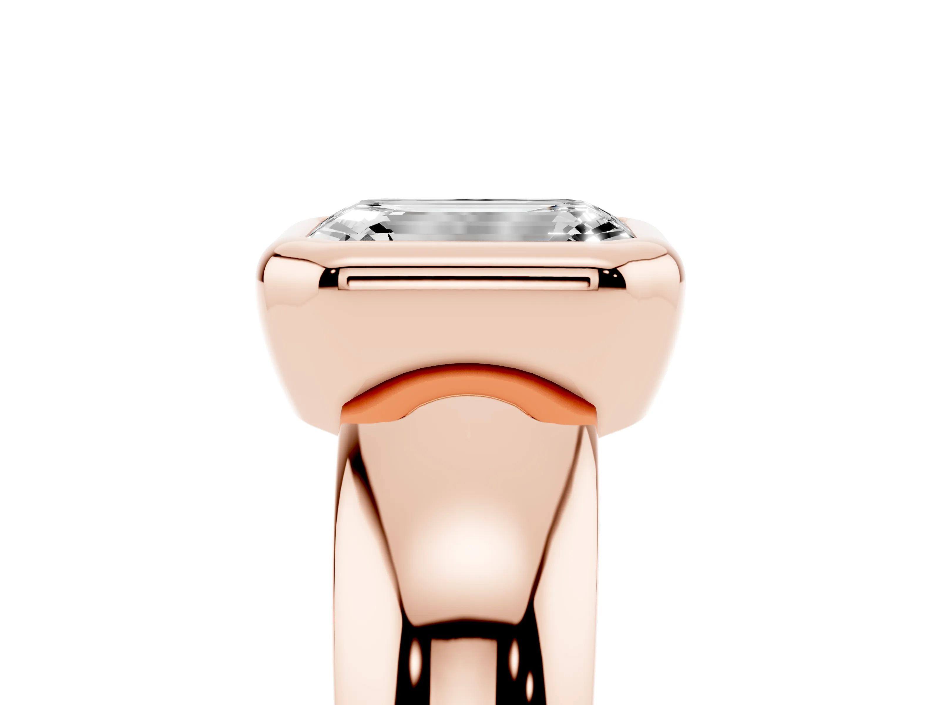 Bezel Set Emerald Cut Diamond Solitaire Ring Set in Rose gold with Wide Band