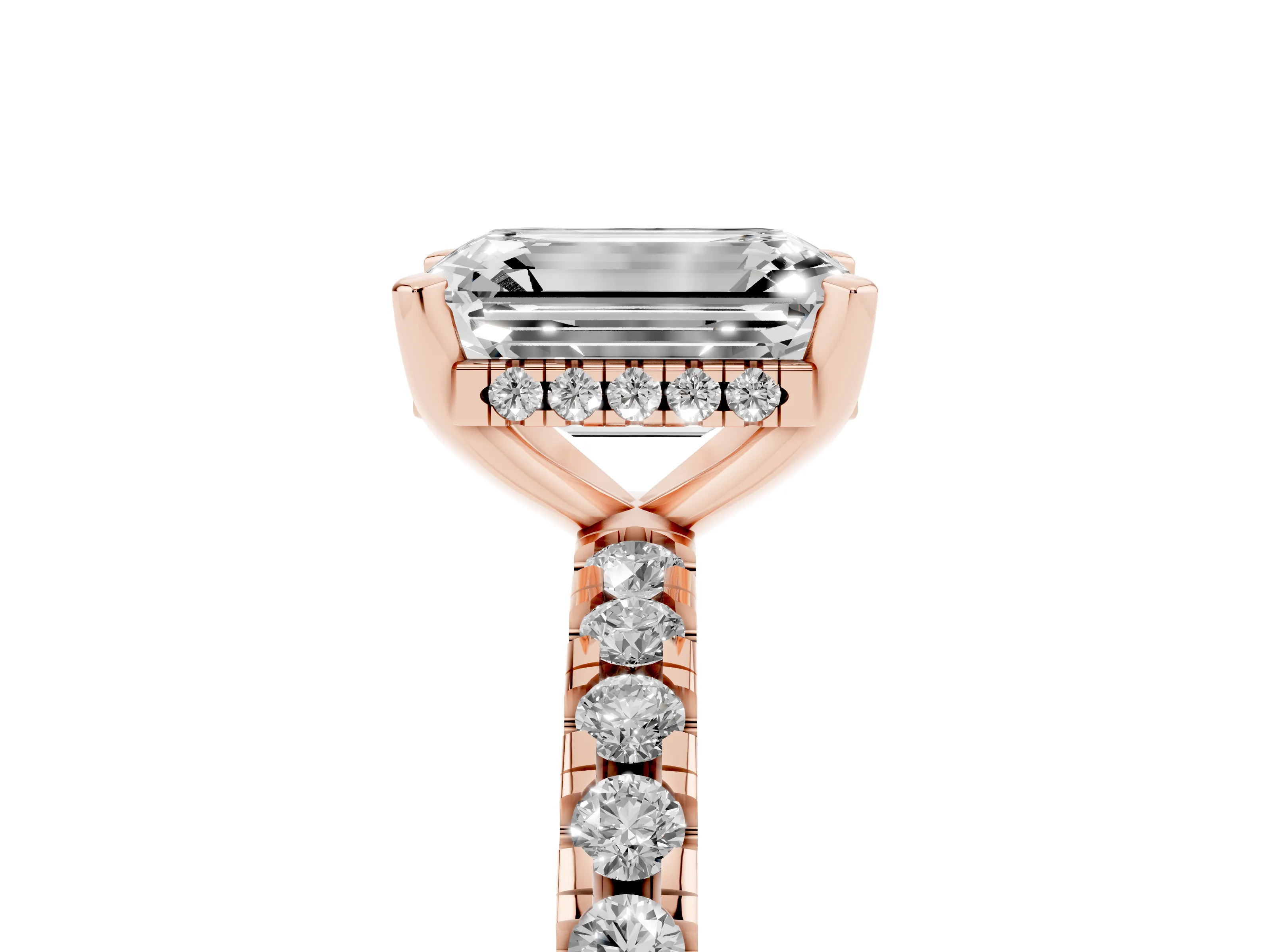 Emerald Cut Diamond Pavé Solitaire Ring Set in Rose gold with Round Band Accents and Prong Setting