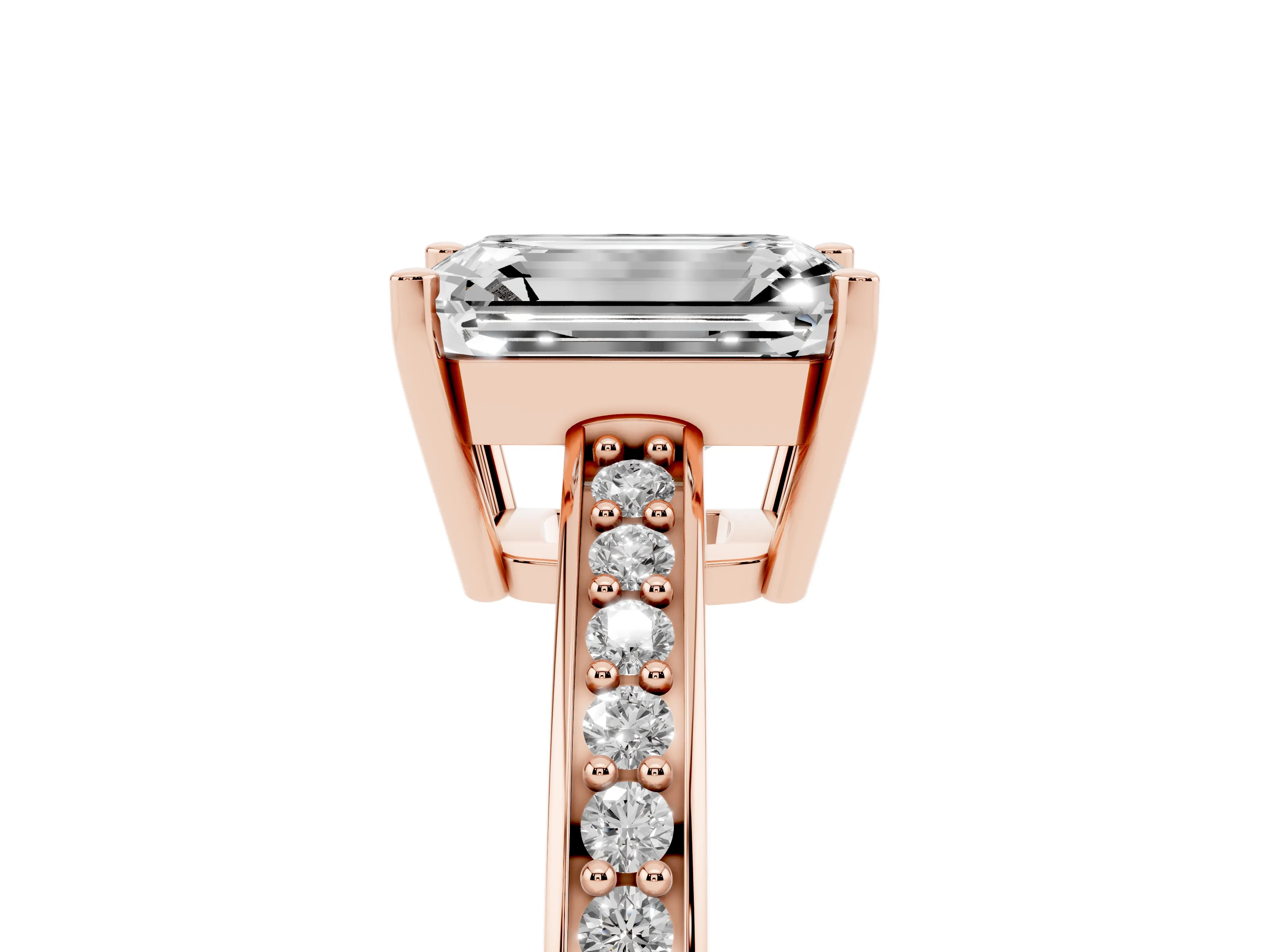 Emerald Cut Diamond Pavé Band Prong Set Solitaire Ring Set in Rose gold