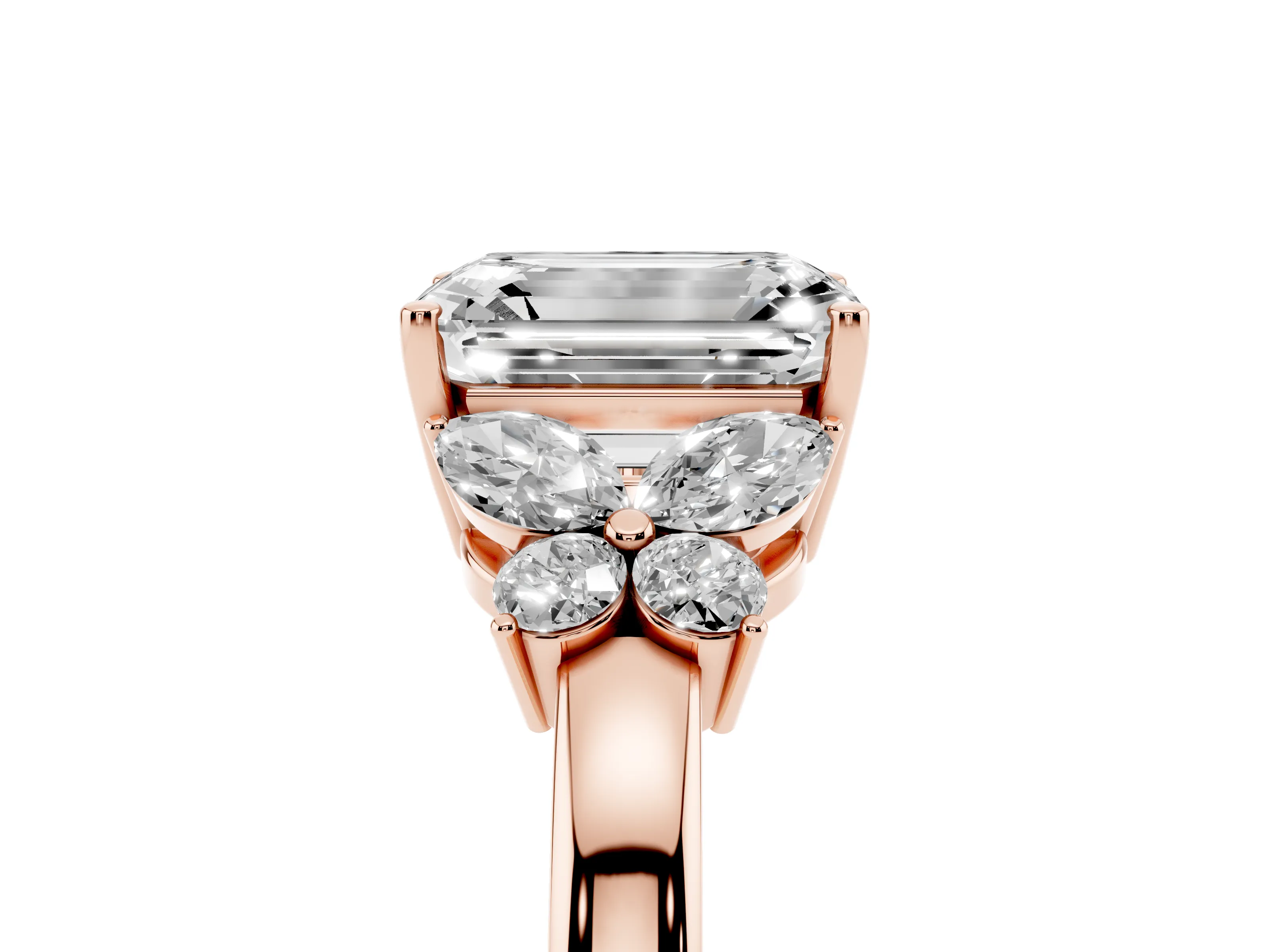 Emerald Cut Diamond Solitaire Floral Ring Set in Rose gold with Marquise Petals and Prong Setting
