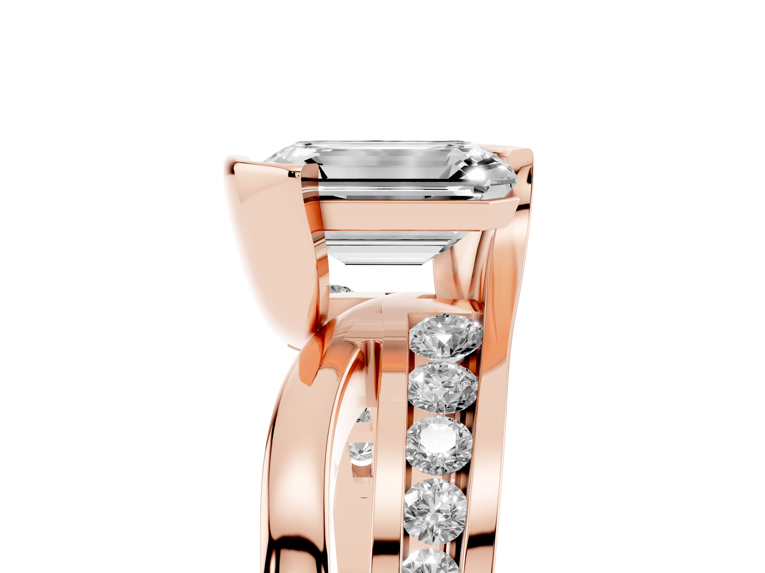 Emerald Cut Diamond Solitaire Ring Set in Rose gold with Channel Set Split Shank and Tension Prongs