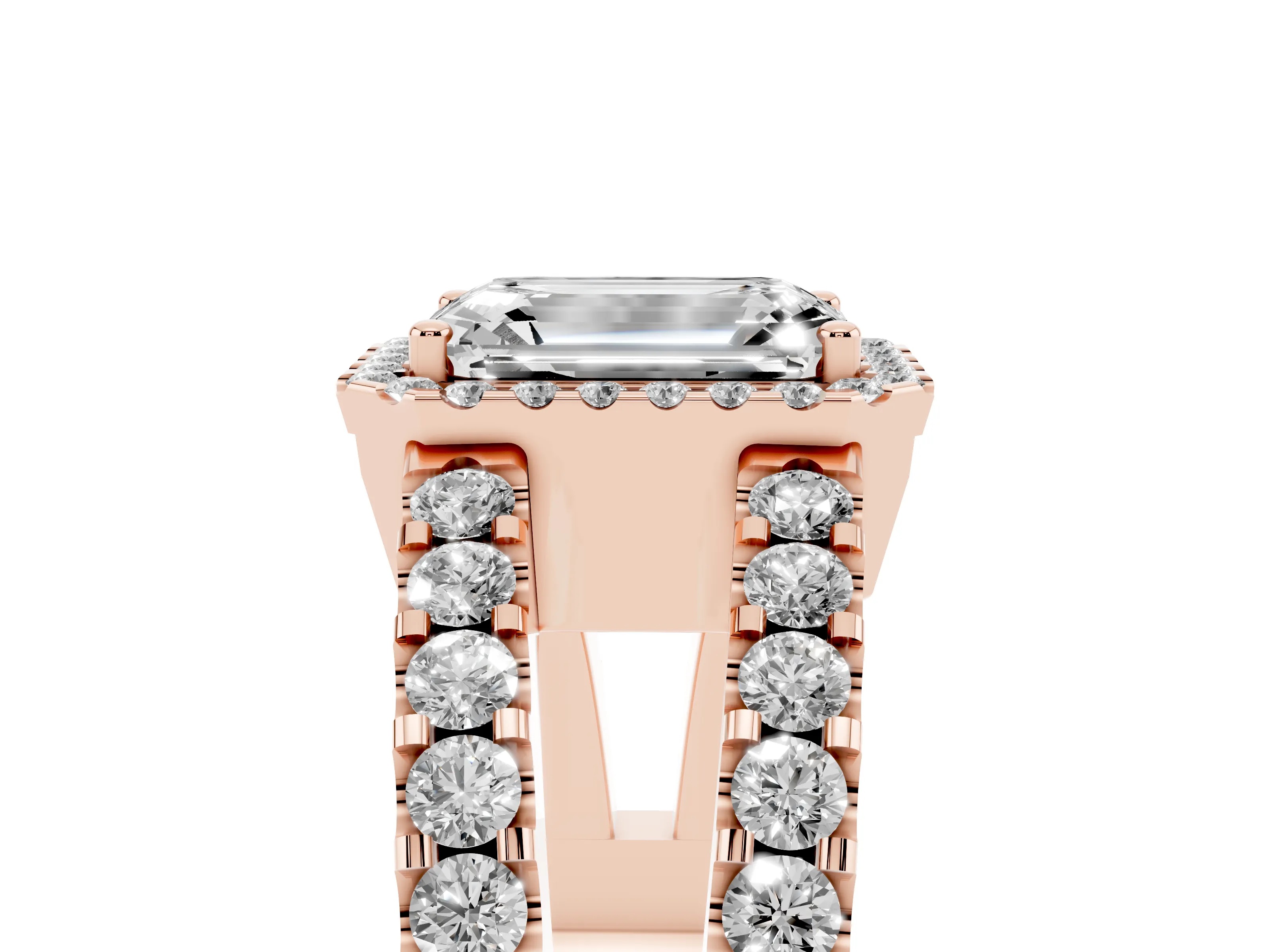 Emerald Cut Diamond Halo Ring Set in Rose gold with Pavé Split Shank and Prong Setting