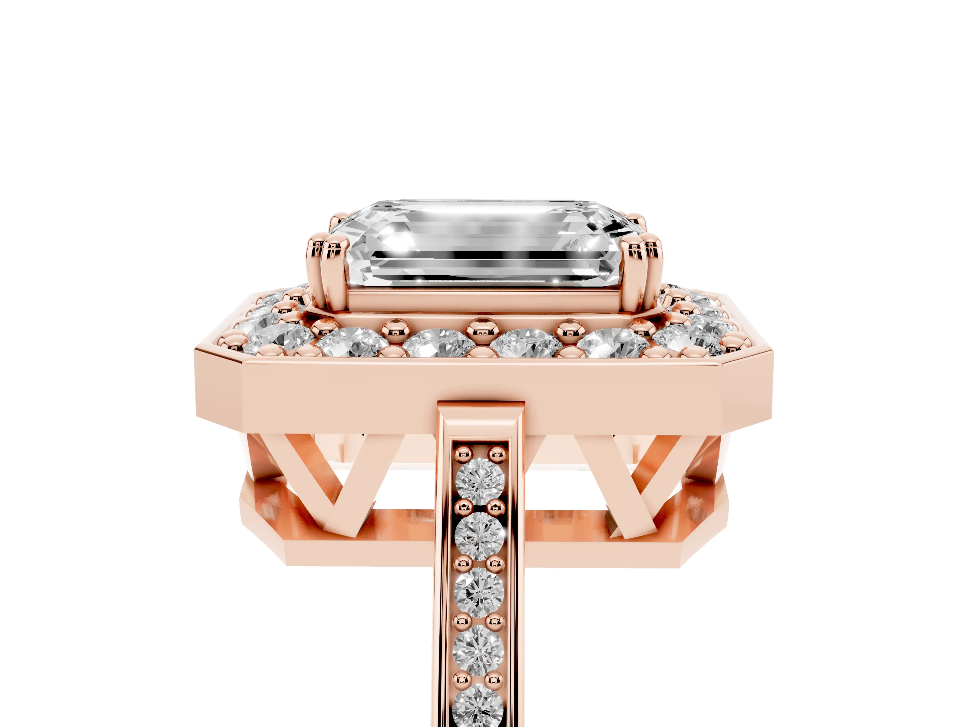 Emerald Cut Diamond Halo Ring Set in Rose gold with Accent-Lined Split Shank and Prong Setting