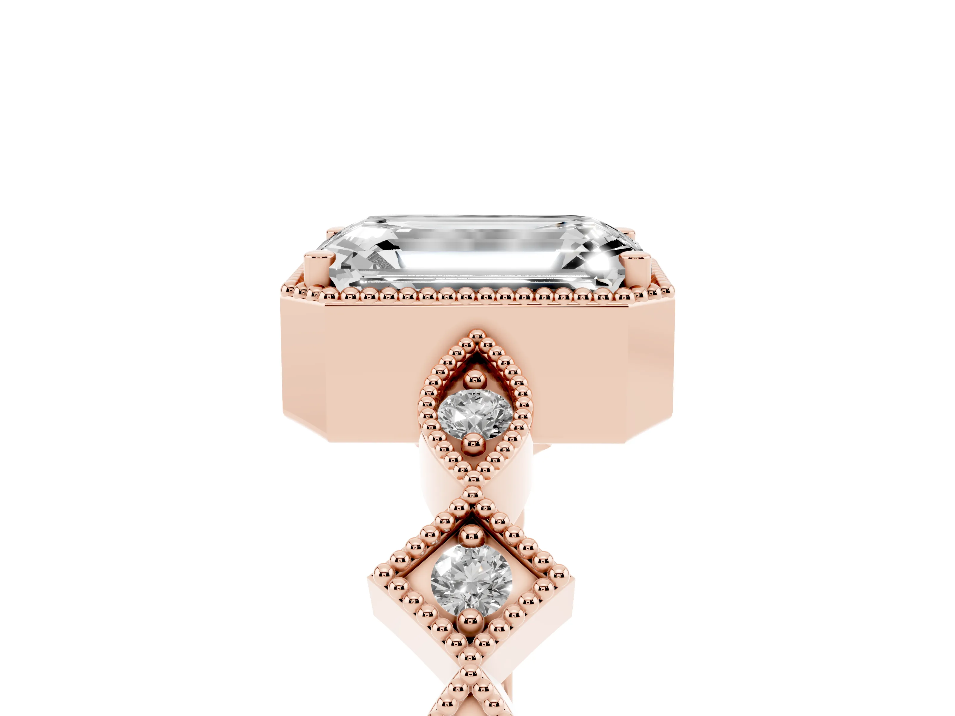 Emerald Cut Diamond Milgrain Marquise Twist Band Ring Set in Rose gold with Prong Setting