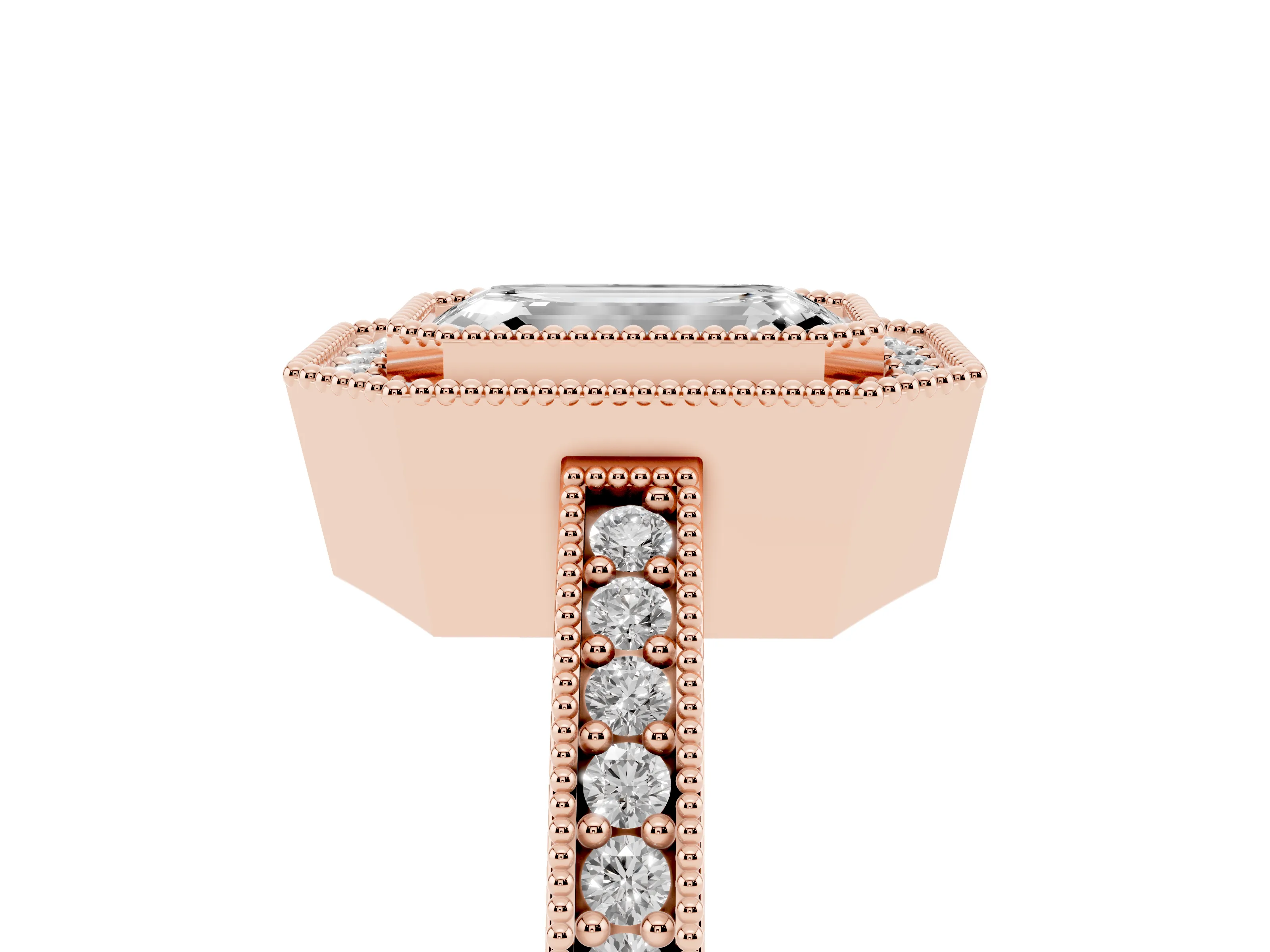 Emerald Cut Diamond Halo Engagement Ring Set in Rose gold with Pavé Band and Round Halo Stones