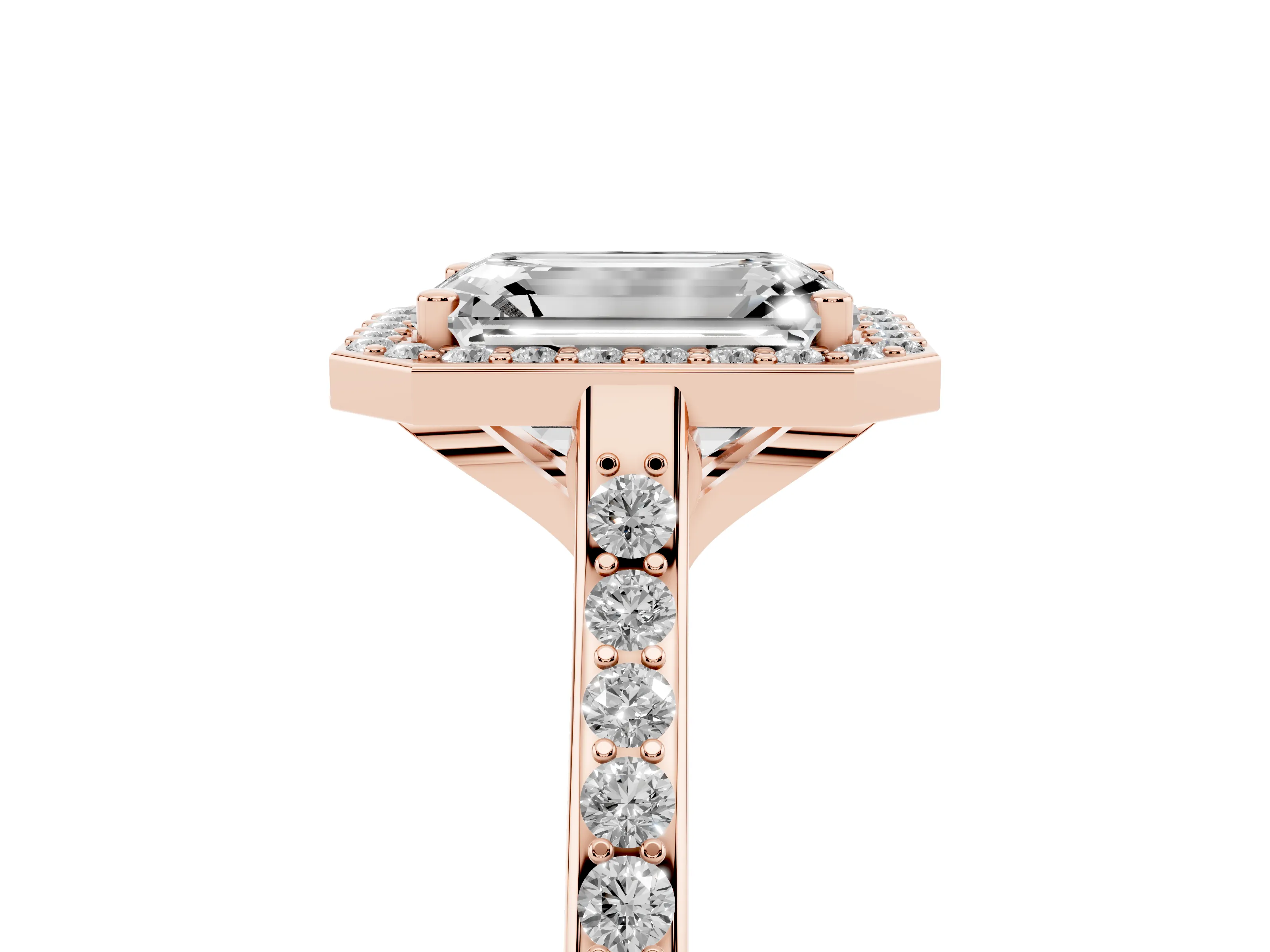Emerald Cut Diamond Halo Engagement Ring Set in Rose gold with Round Pavé Shoulders and Heart Gallery