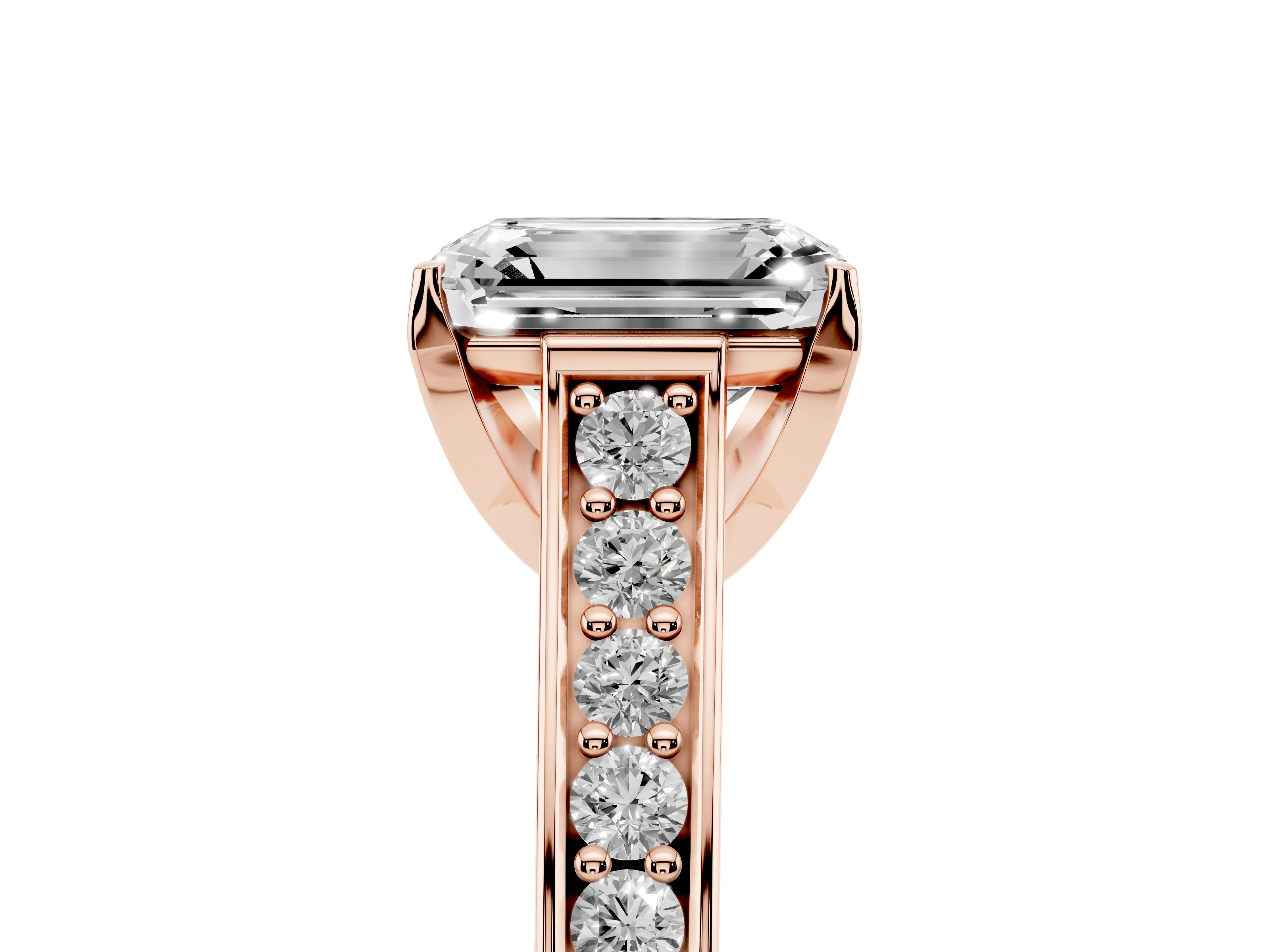 Emerald Cut Diamond Solitaire Pavé Engagement Ring Set in Rose gold with Prong Setting