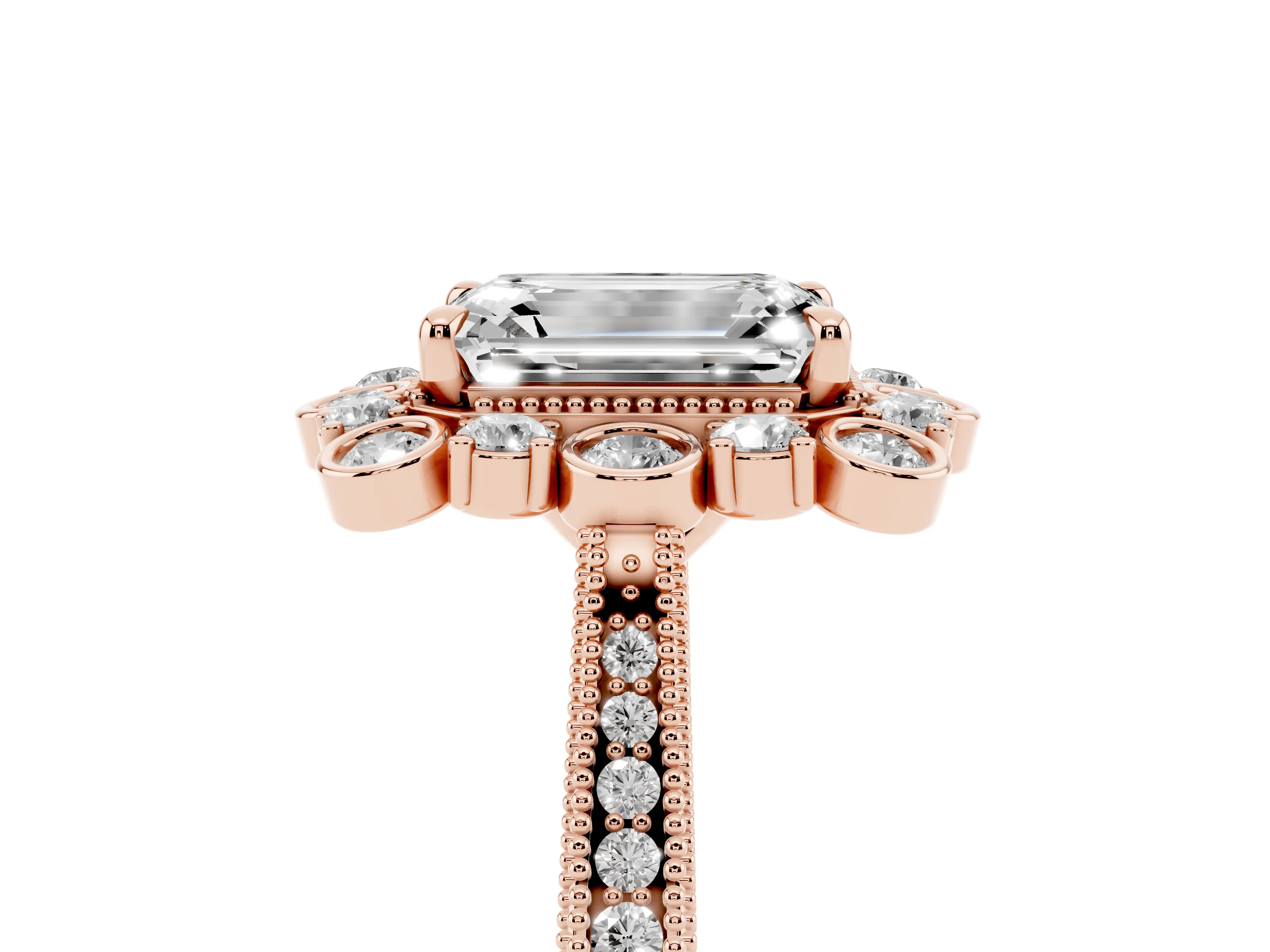 Emerald Cut Diamond Halo Milgrain Pavé Ring Set in Rose gold with Prong Setting