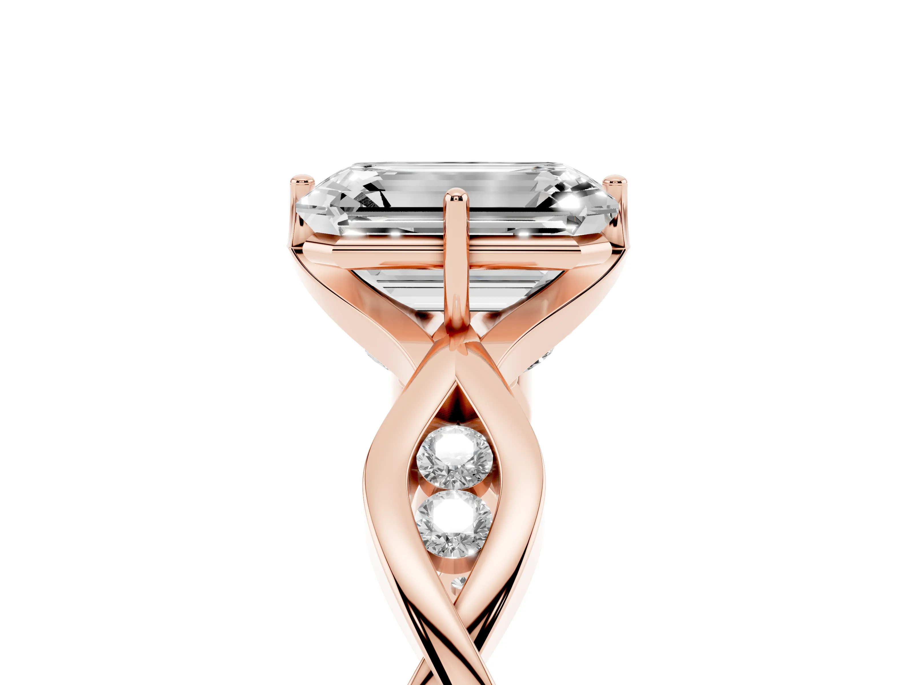 Emerald Cut Diamond Twist Band Solitaire Ring Set in Rose gold with Leaf Prong Setting and Accent Stones