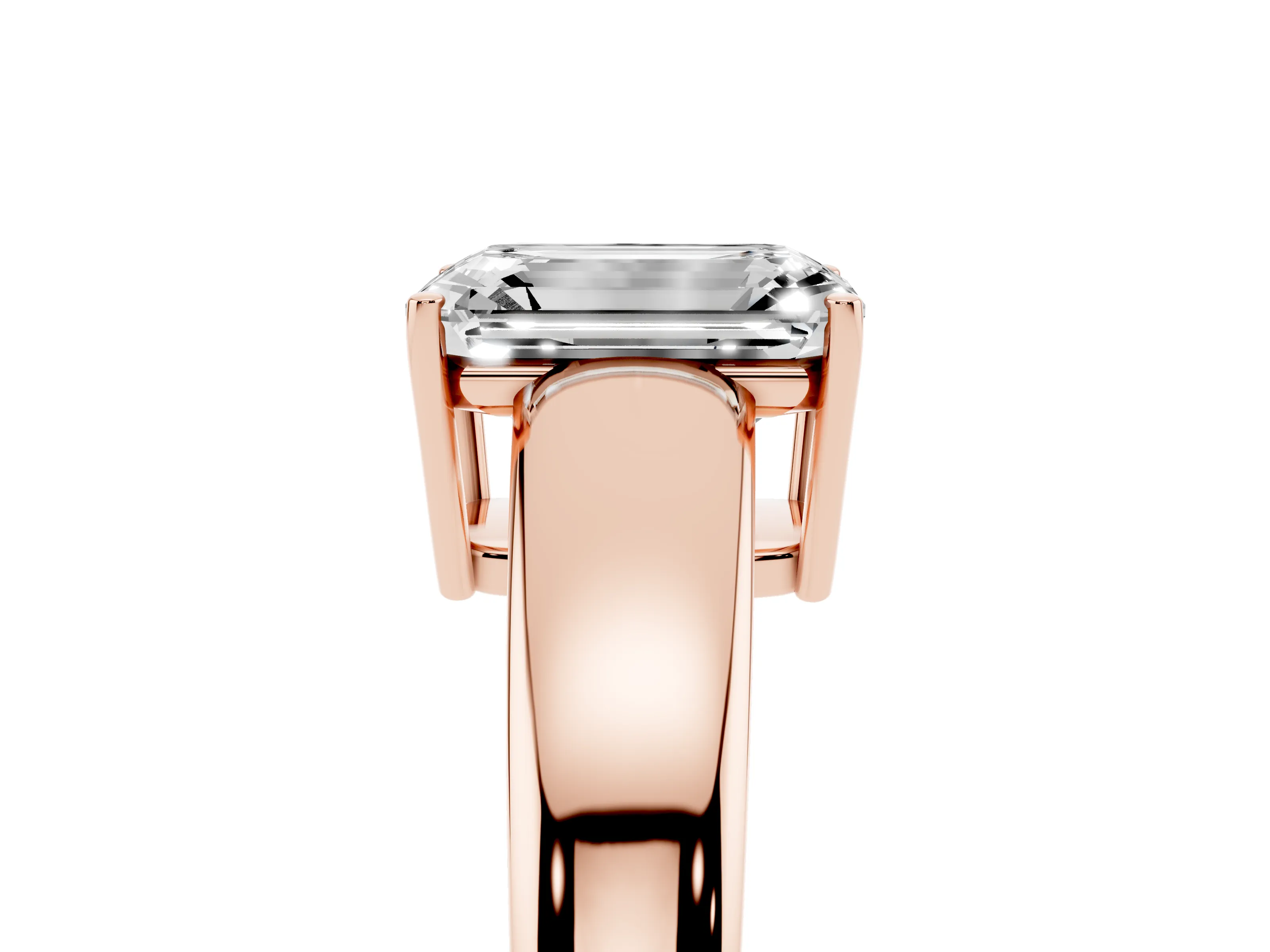 Emerald Cut Diamond Solitaire Ring Set in Rose gold with Tapered Band and Prong Setting