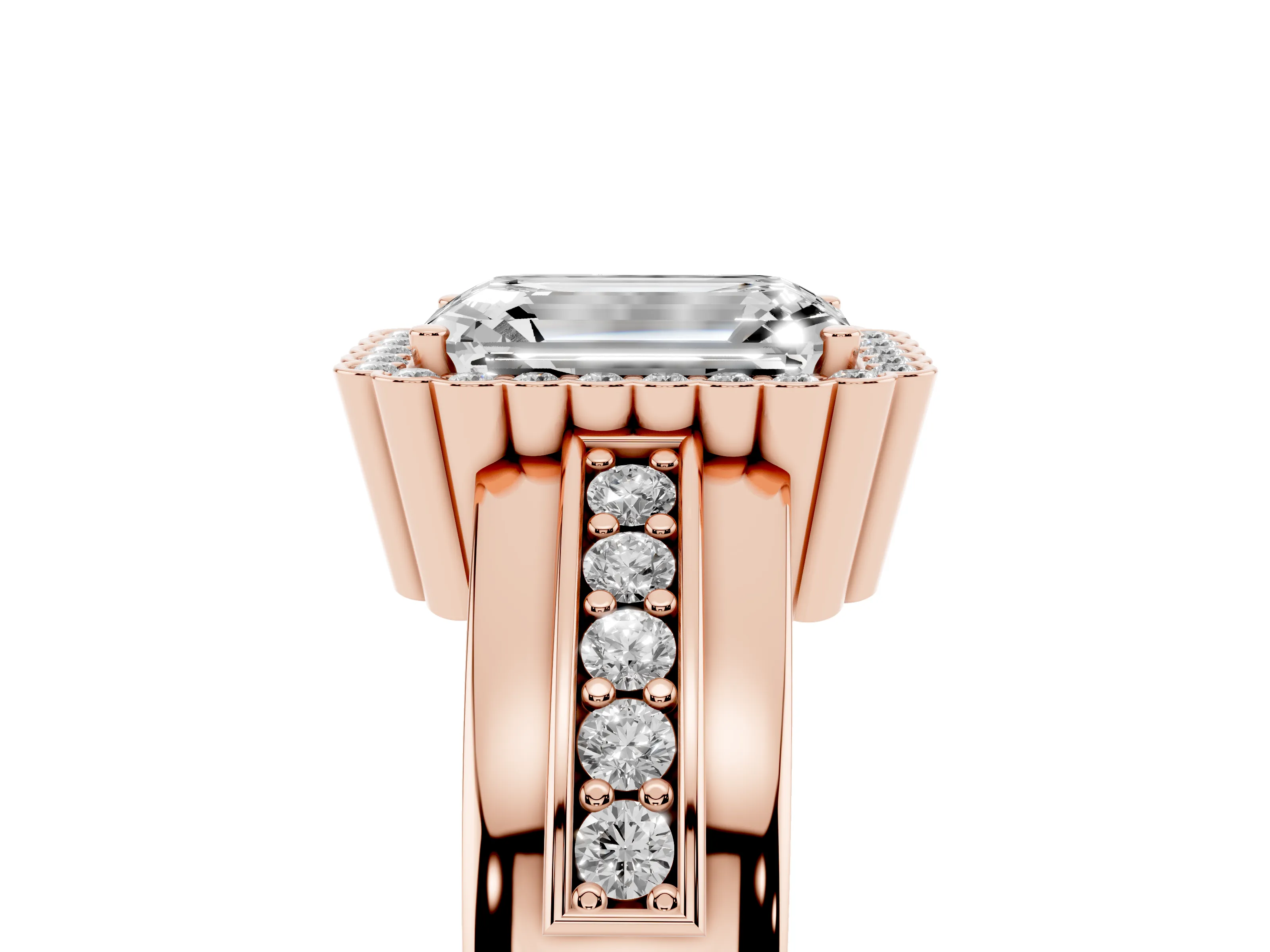 Emerald Cut Diamond Halo Prong Ring Set in Rose gold with Pavé Band