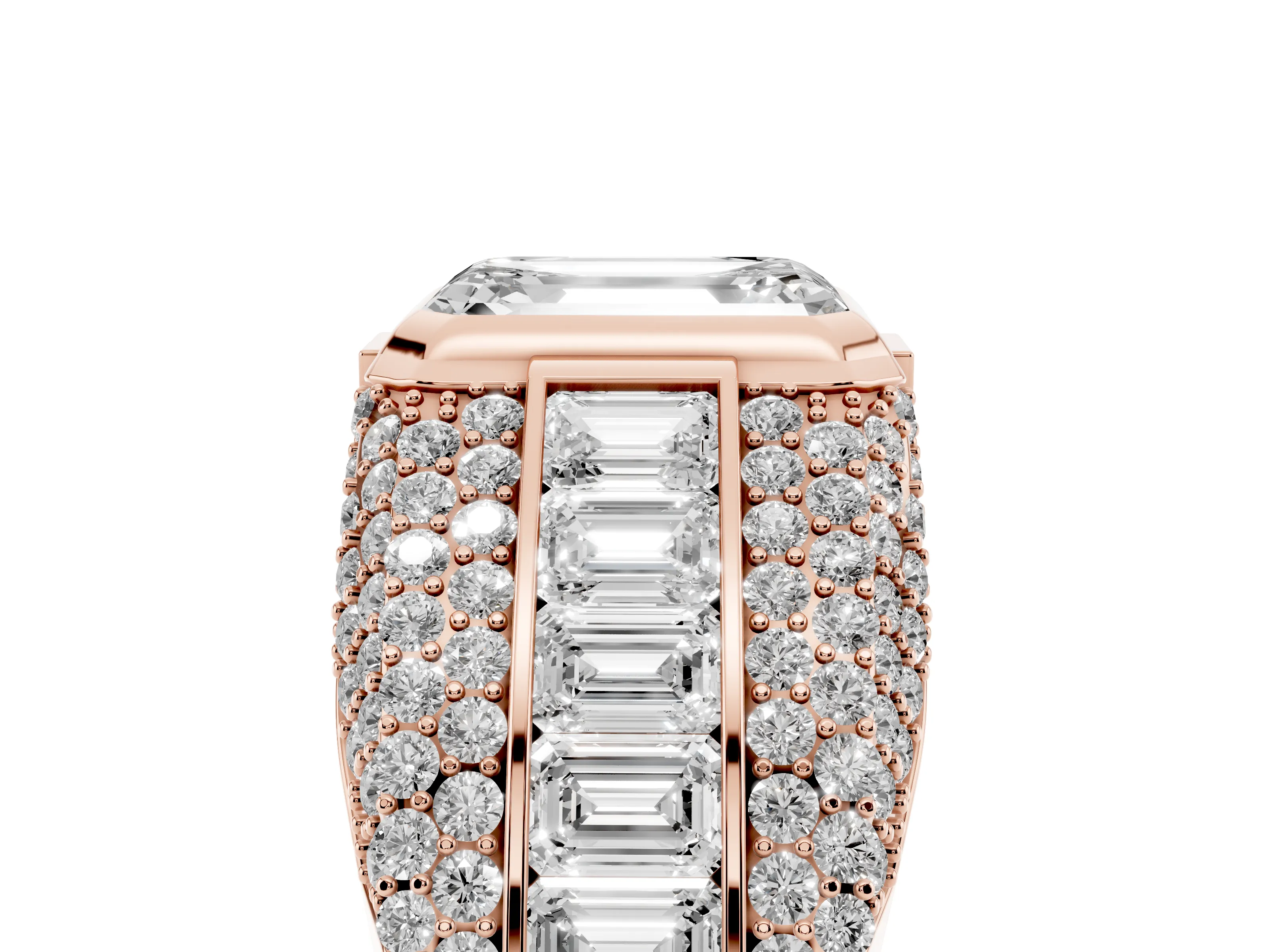 Emerald Cut Diamond Mens Ring Set in Rose gold with Structured Side Stones and Pavé Shoulders