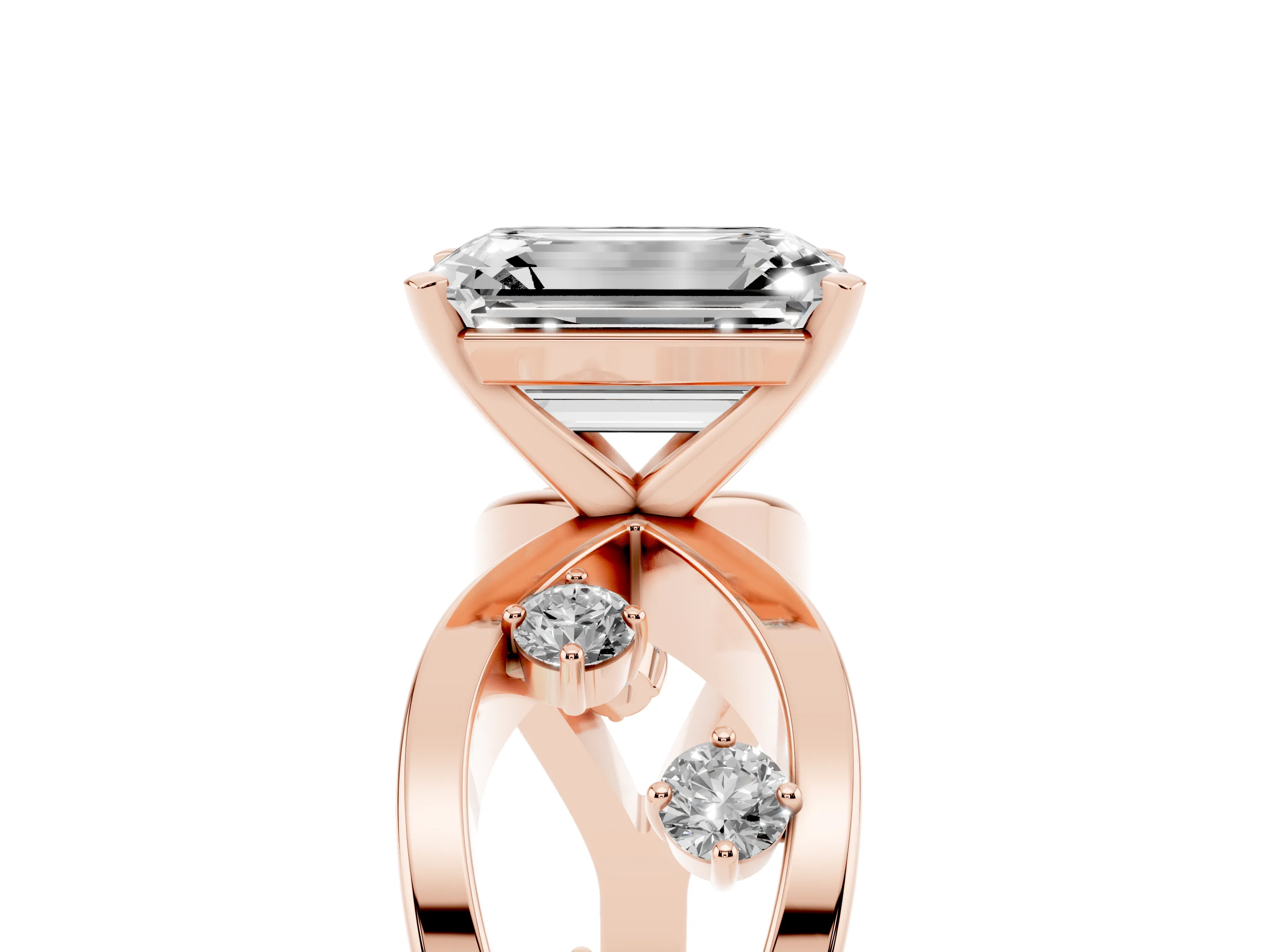 Emerald Cut Diamond Solitaire Ring Set in Rose gold with Side Stones on Criss-Cross Band and Prong Setting