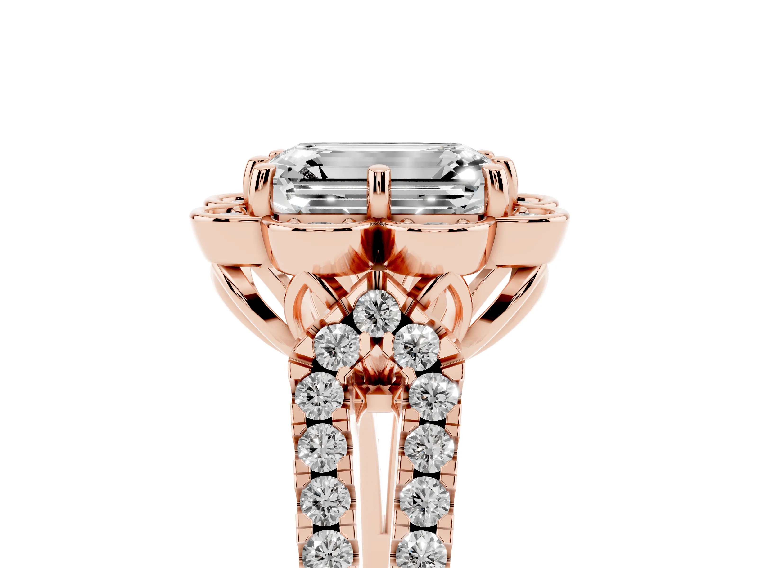 Emerald Cut Diamond Floral Halo Split Shank Engagement Ring Set in Rose gold with Pavé Shank