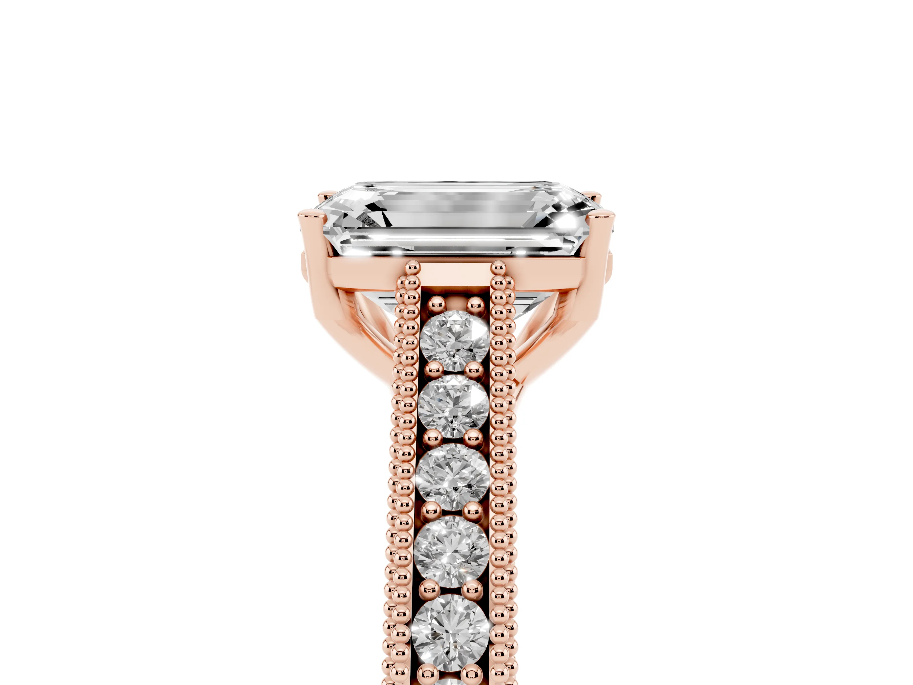 Emerald Cut Diamond Milgrain Pavé Band Solitaire Ring Set in Rose gold with Prong Setting