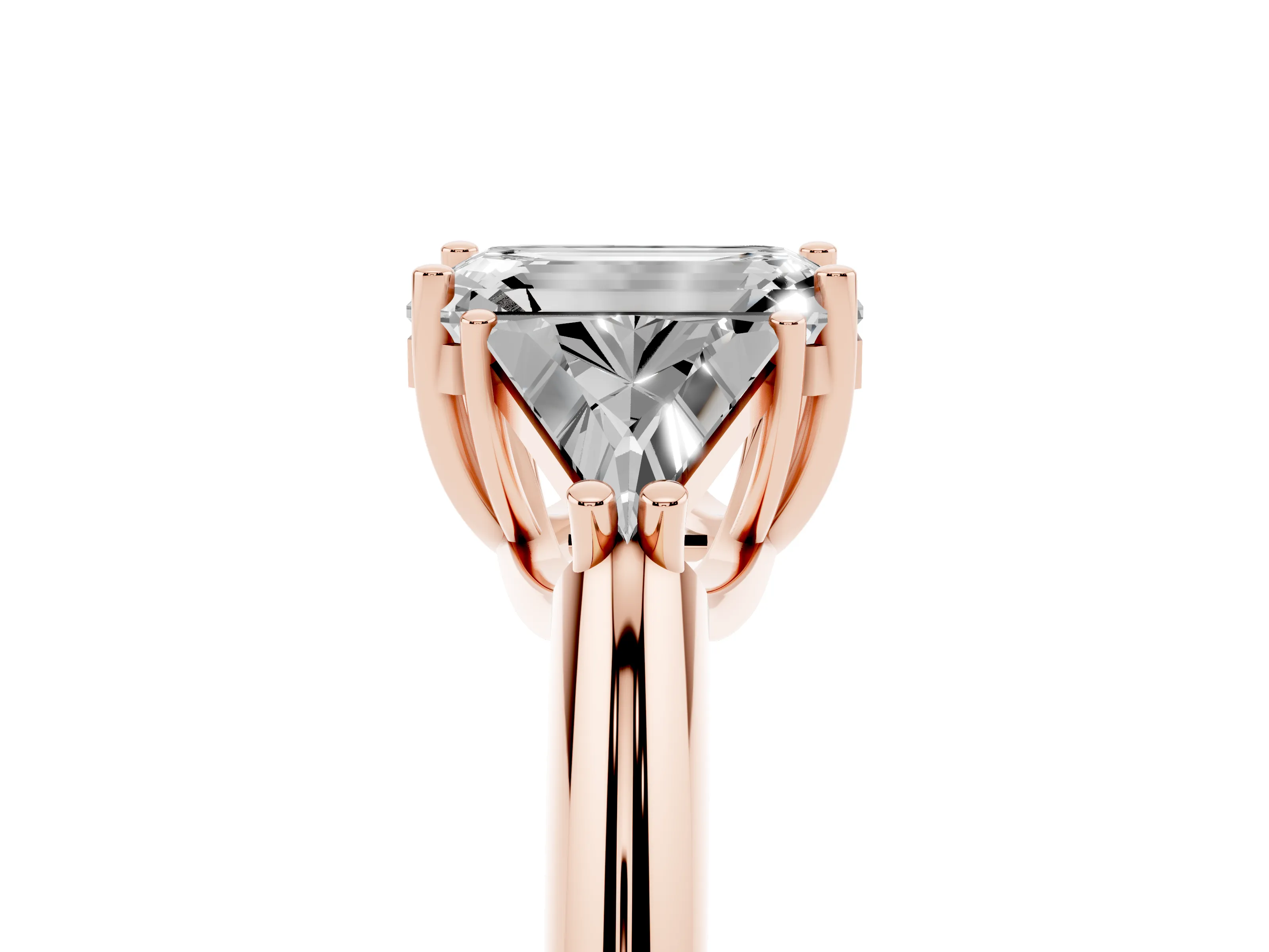 Emerald Cut Diamond Three-Stone Engagement Ring Set in Rose gold with Trillion Side Stones