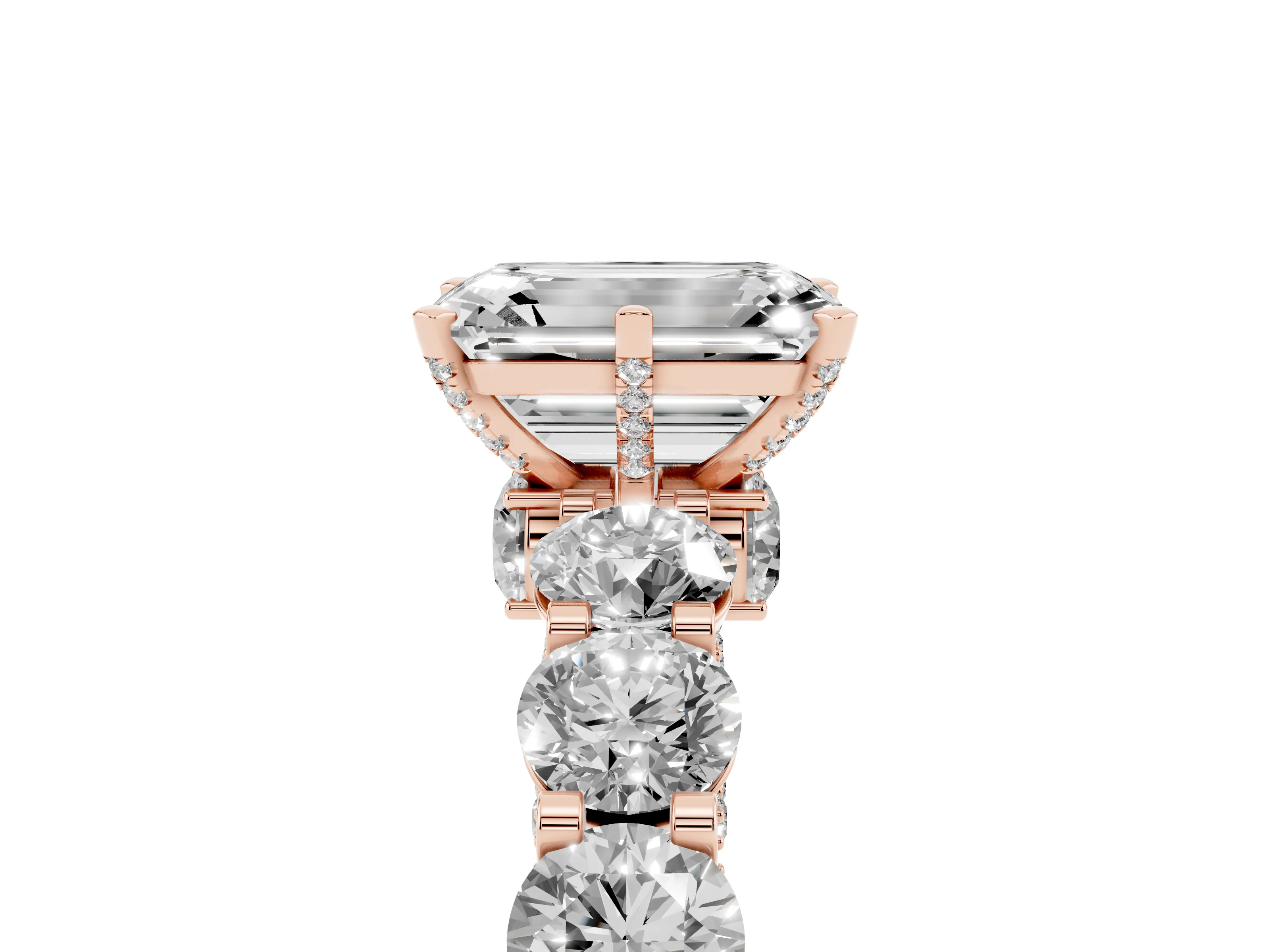 Emerald Cut Diamond Side Stone Ring Set in Rose gold with Alternating Round and Oval Side Stones