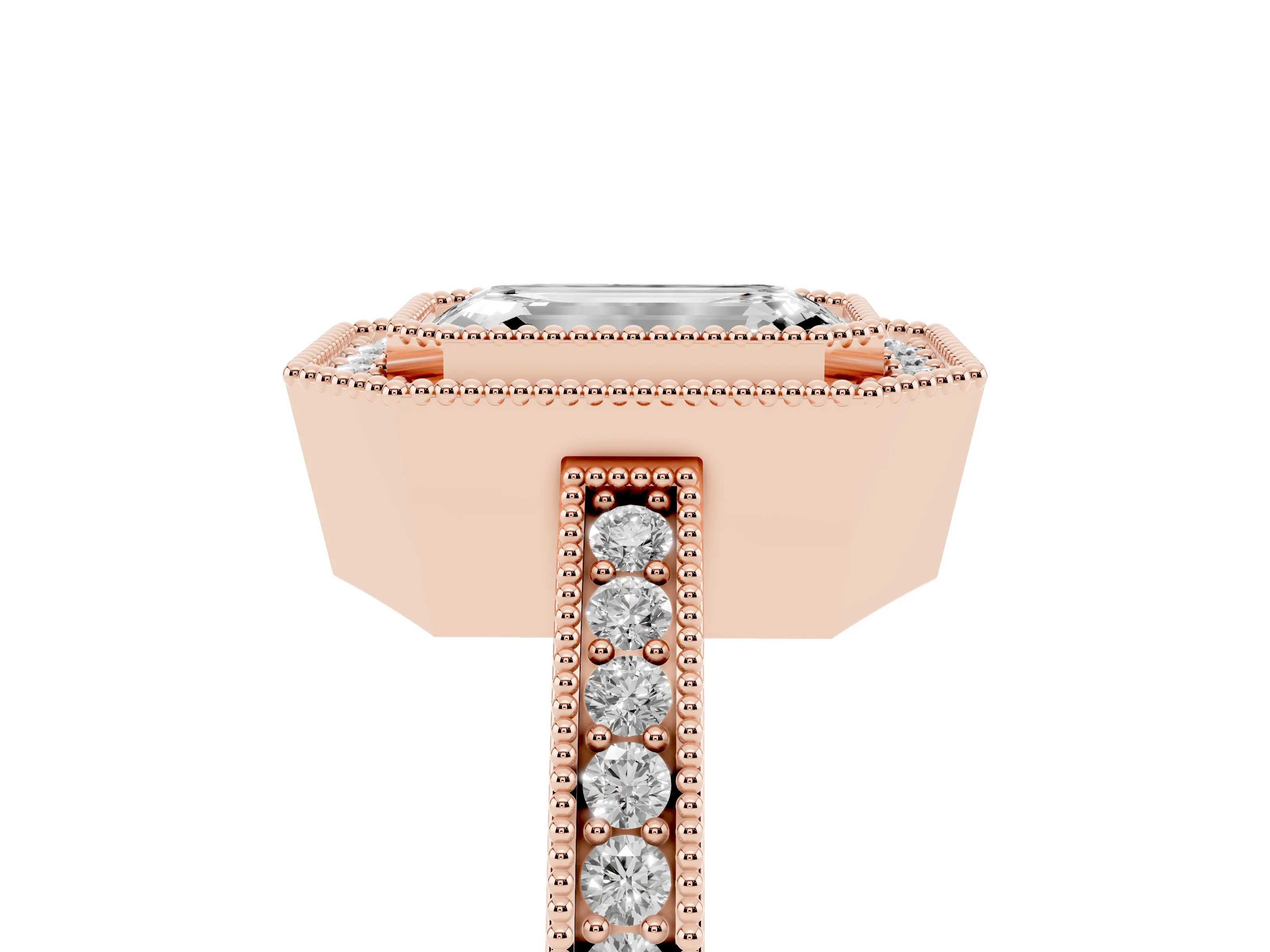Emerald Cut Diamond Round Halo Ring Set in Rose gold with Pavé Band