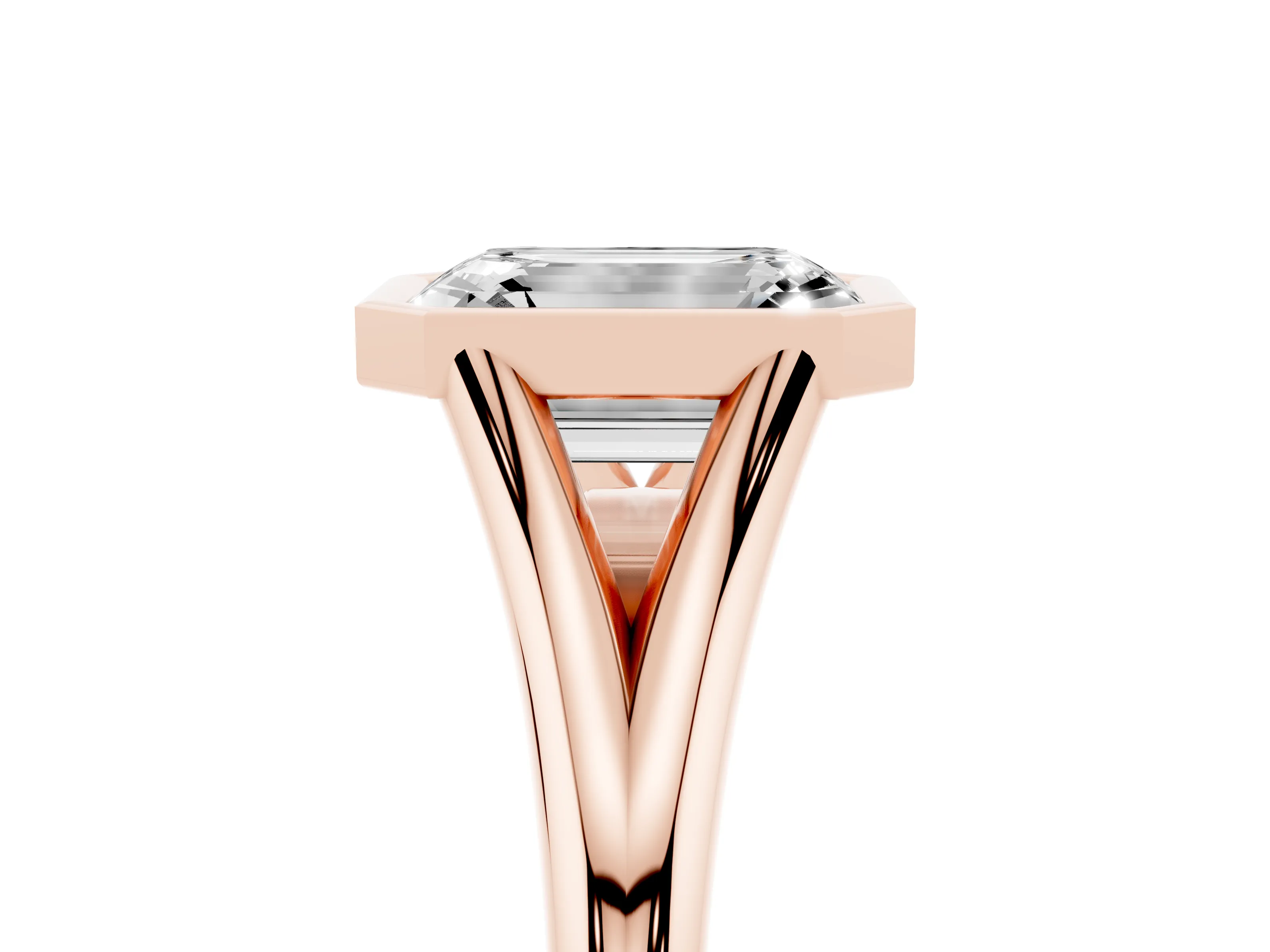 Bezel Set Emerald Cut Diamond Solitaire Ring Set in Rose gold with Tapered Band