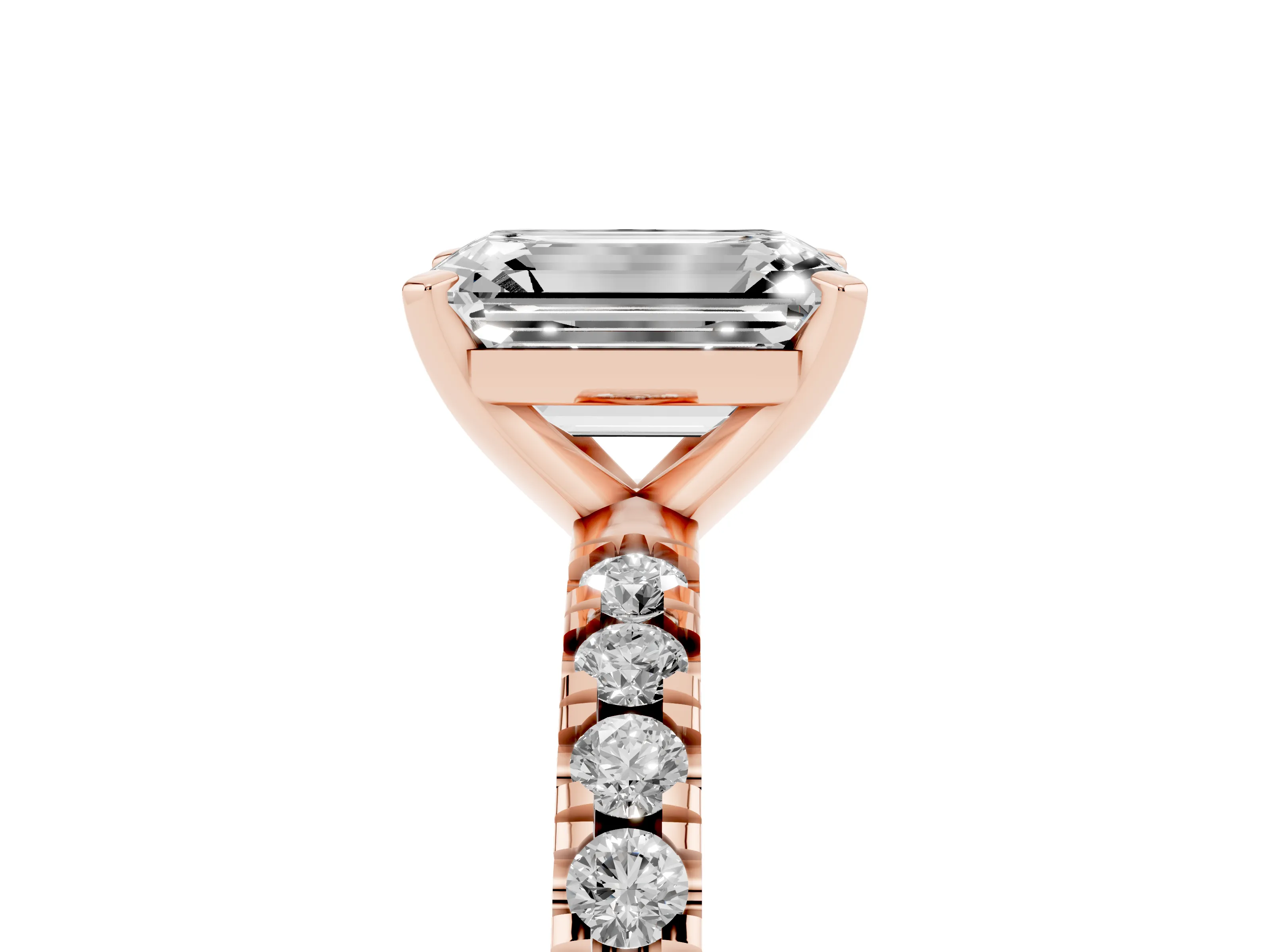Emerald Cut Diamond Pavé Band Solitaire Set in Rose gold with Prong Setting
