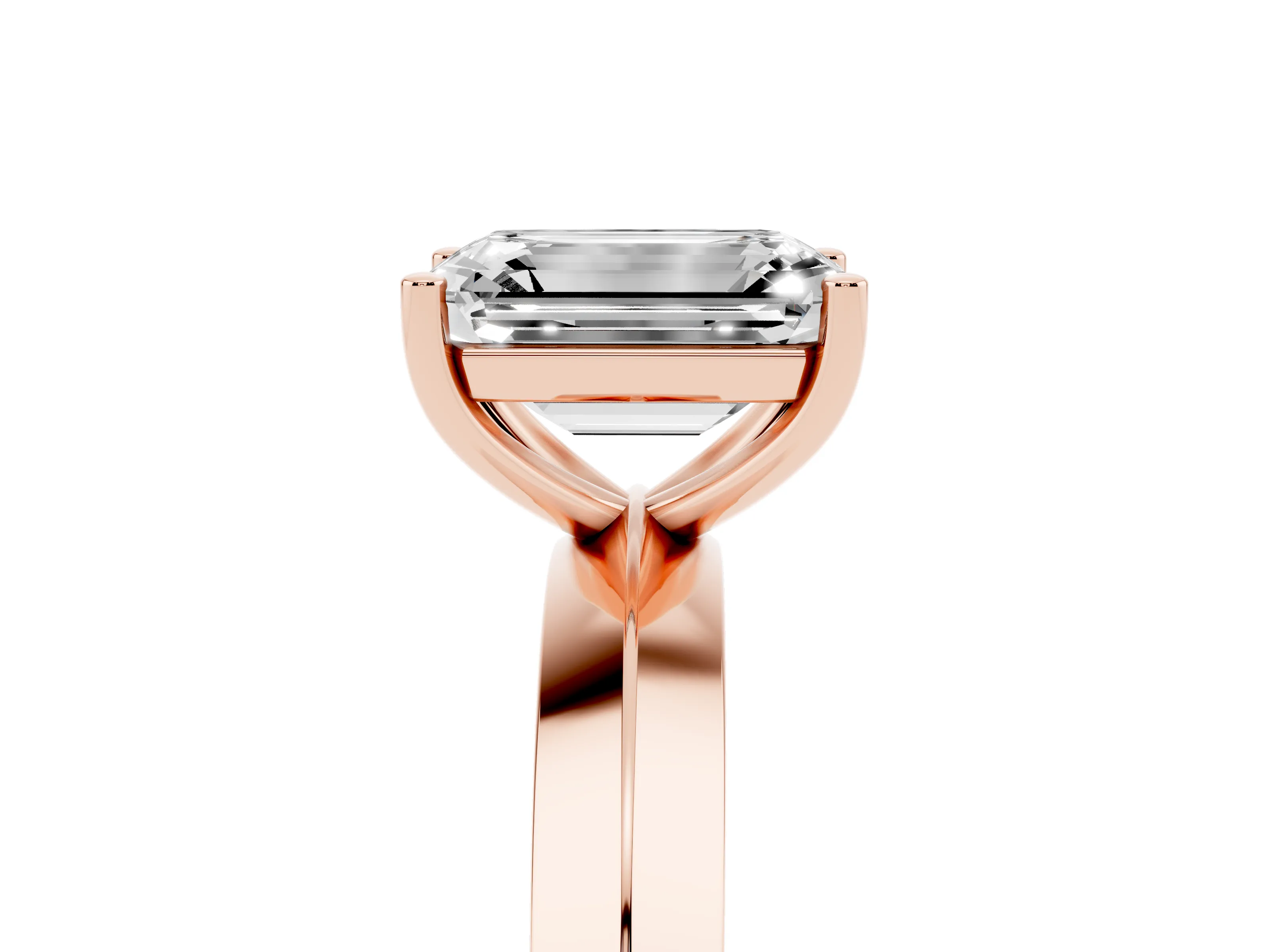 Emerald Cut Diamond Solitaire Engagement Ring Set in Rose gold with Flat Band and Prong Setting