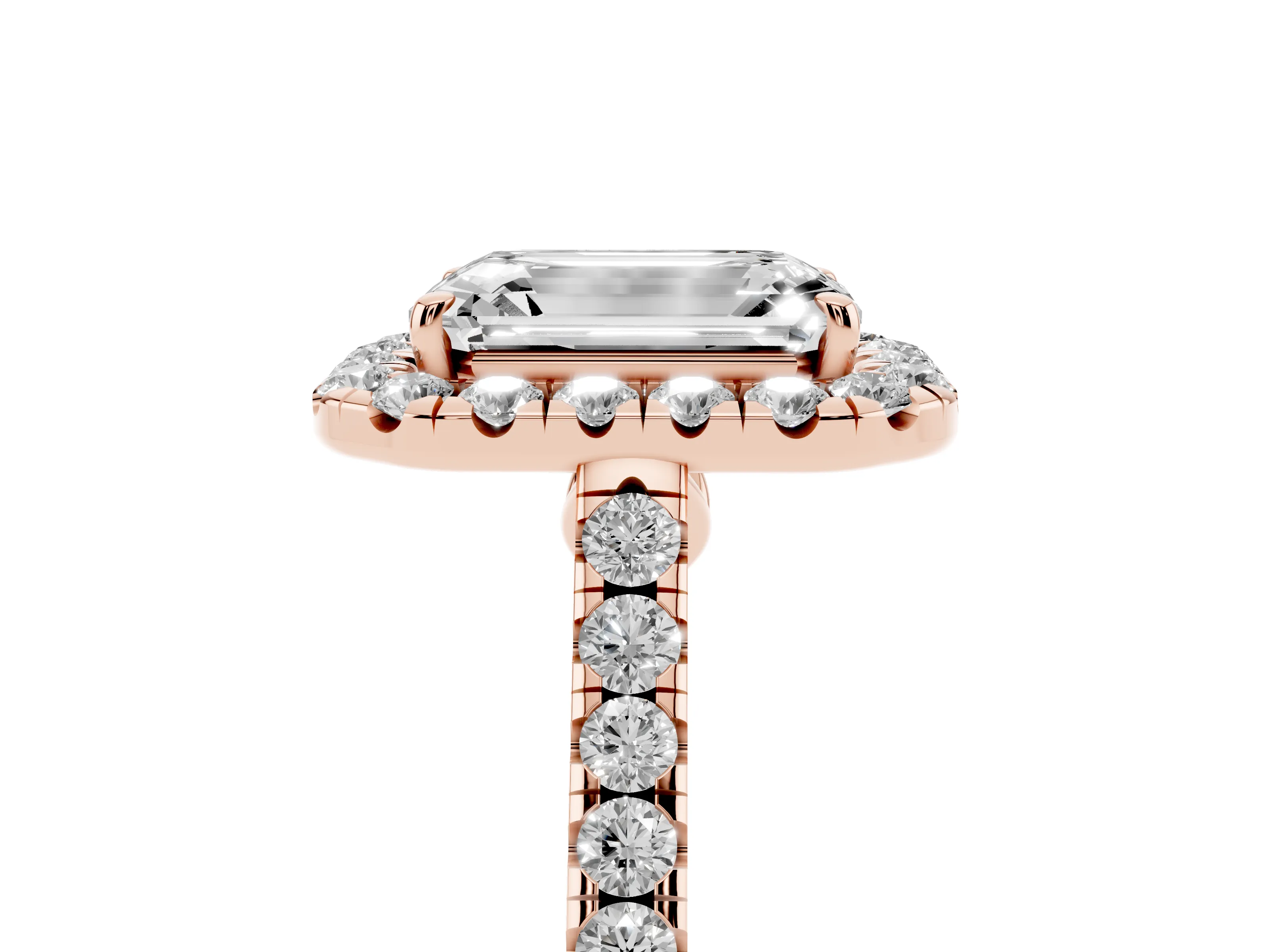 Emerald Cut Diamond Halo Pavé Engagement Ring Set in Rose gold with Prong Setting