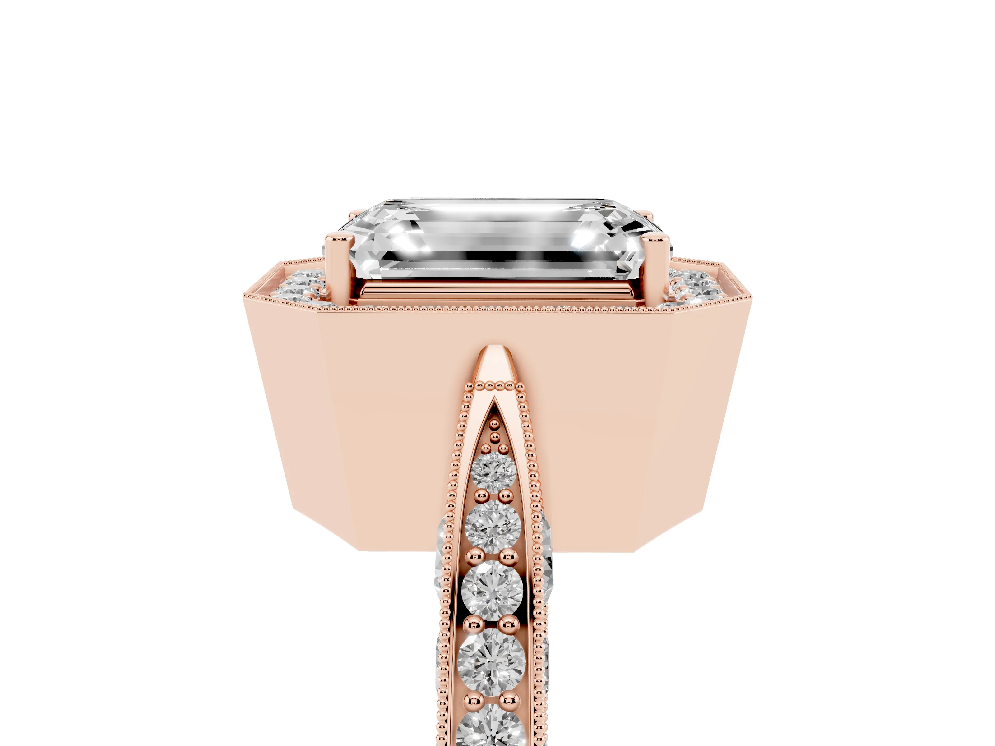 Emerald Cut Diamond Halo Engagement Ring Set in Rose gold with Accent Split Shank Band
