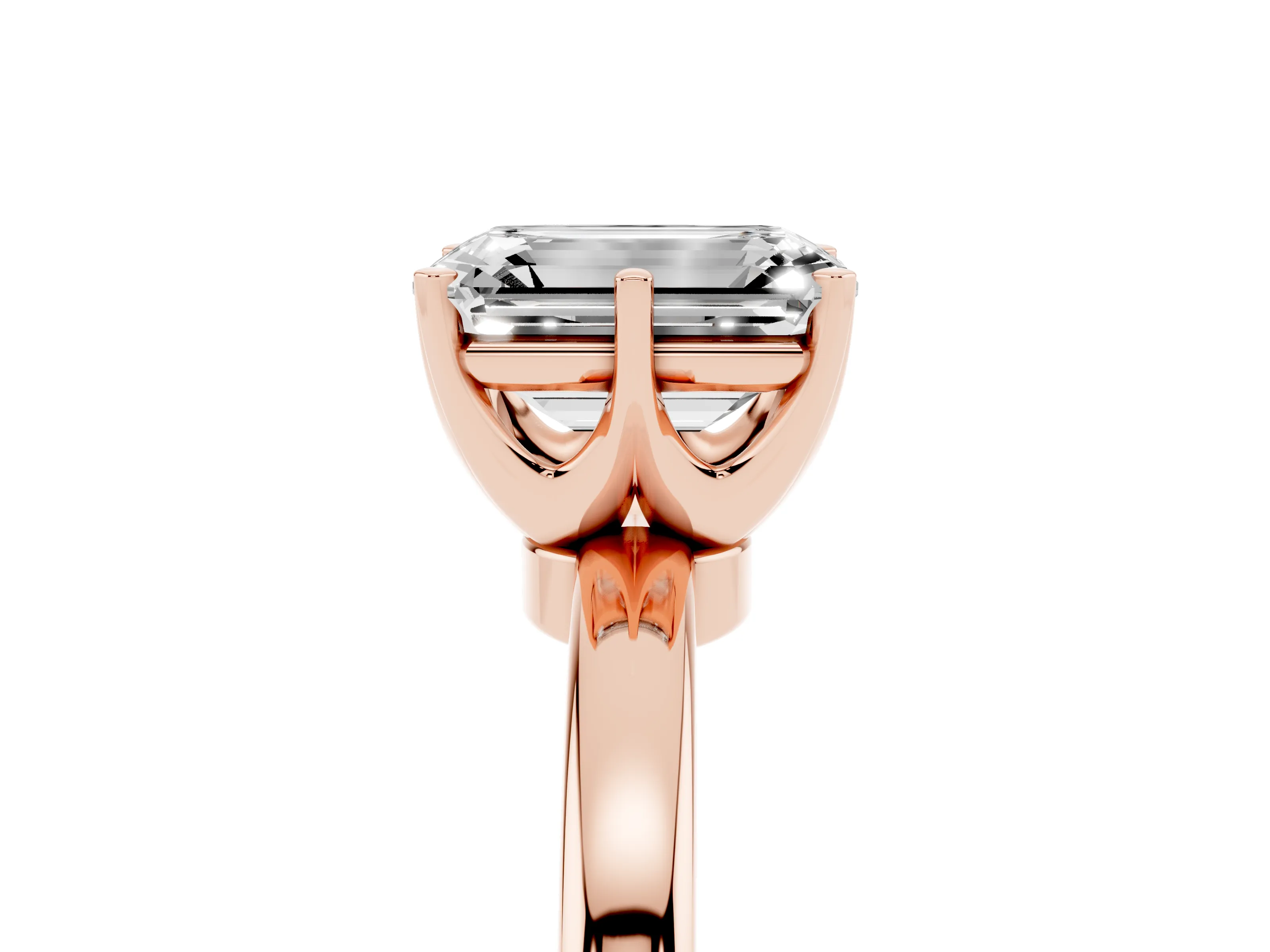 Emerald Cut Diamond Solitaire Ring Set in Rose gold with Raised Prong Setting on a Classic Band